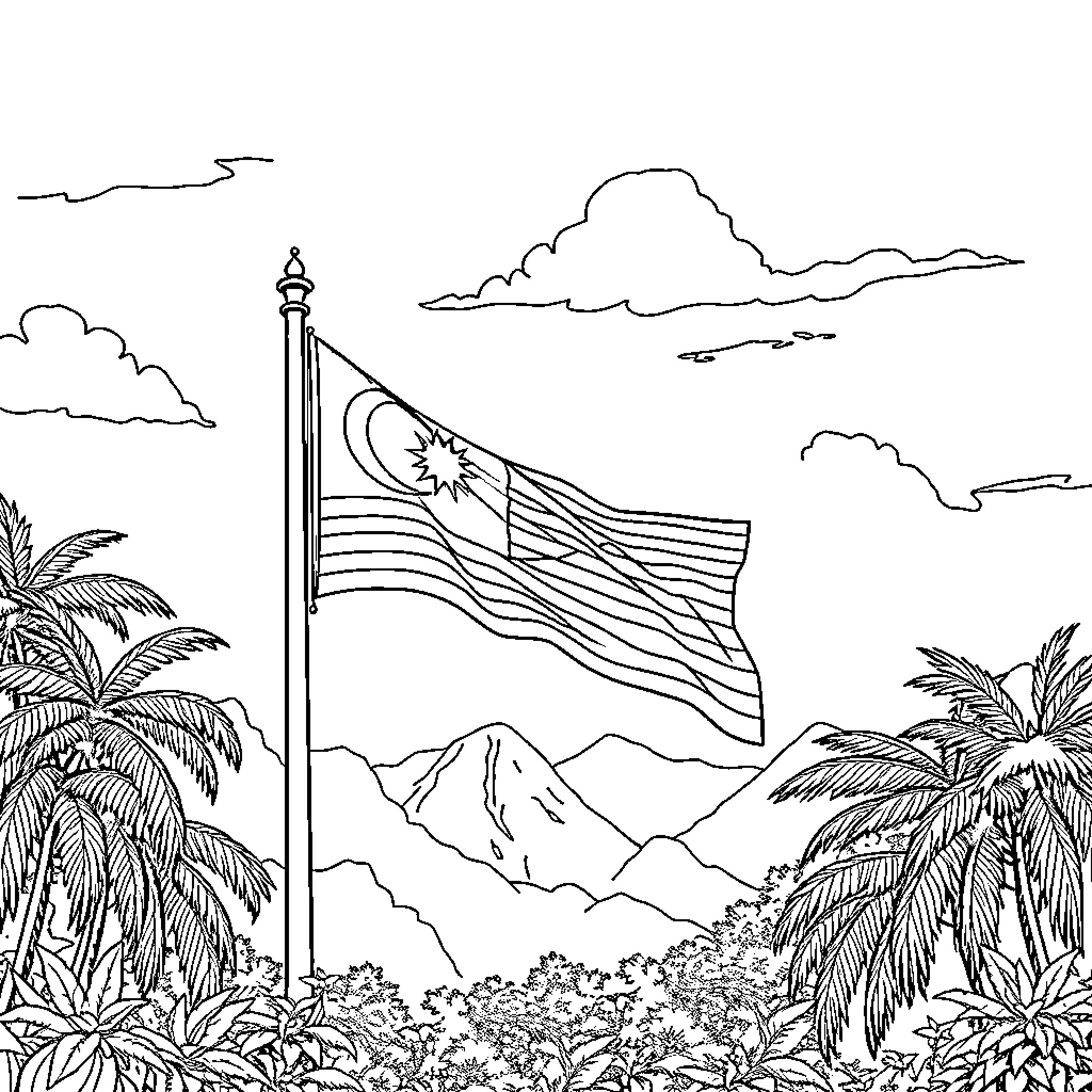 Flag waving proudly amidst scenic landscape Coloring Page (free black-and-white line drawing printable PDF for all, from beginners to advanced learners, including children, teens, adults, and seniors)