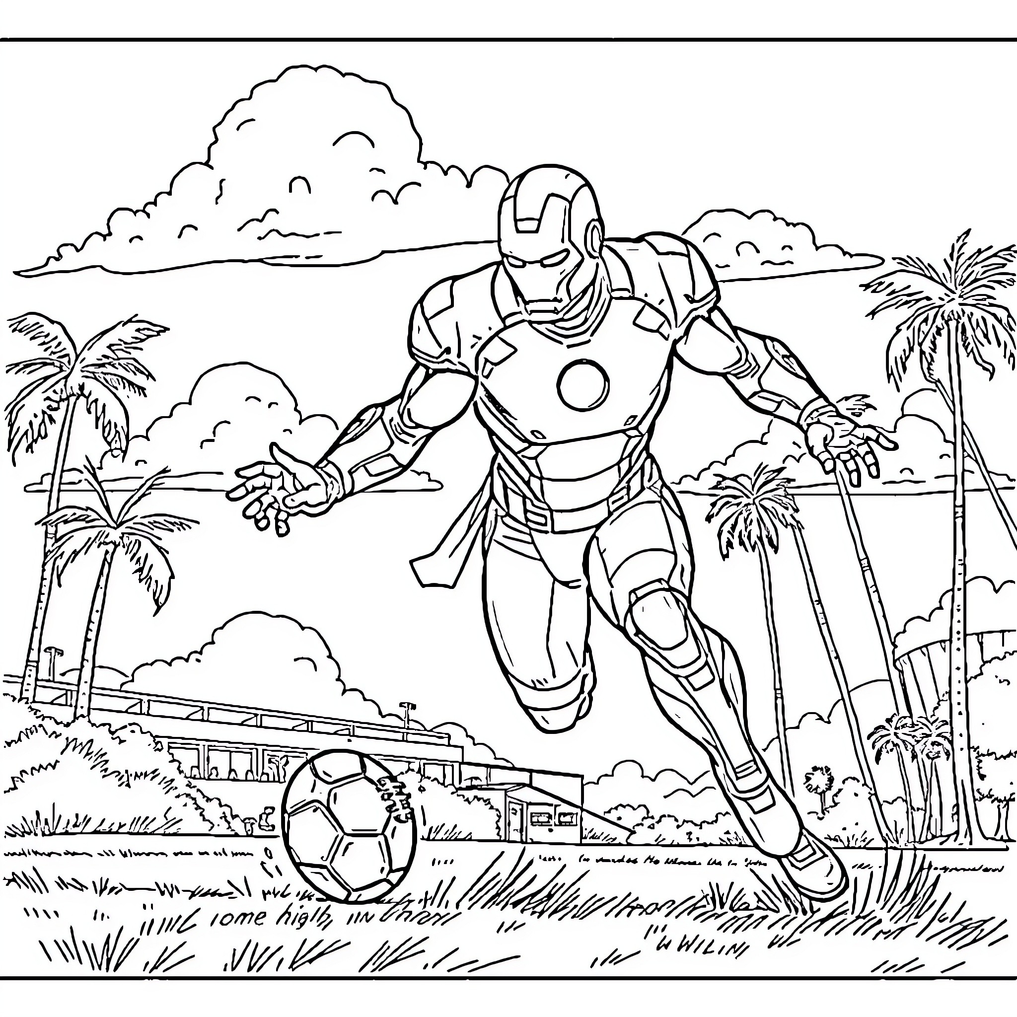 Ironman playing soccer in tropical landscape Coloring Page (free black-and-white line drawing printable PDF for all, from beginners to advanced learners, including children, teens, adults, and seniors)