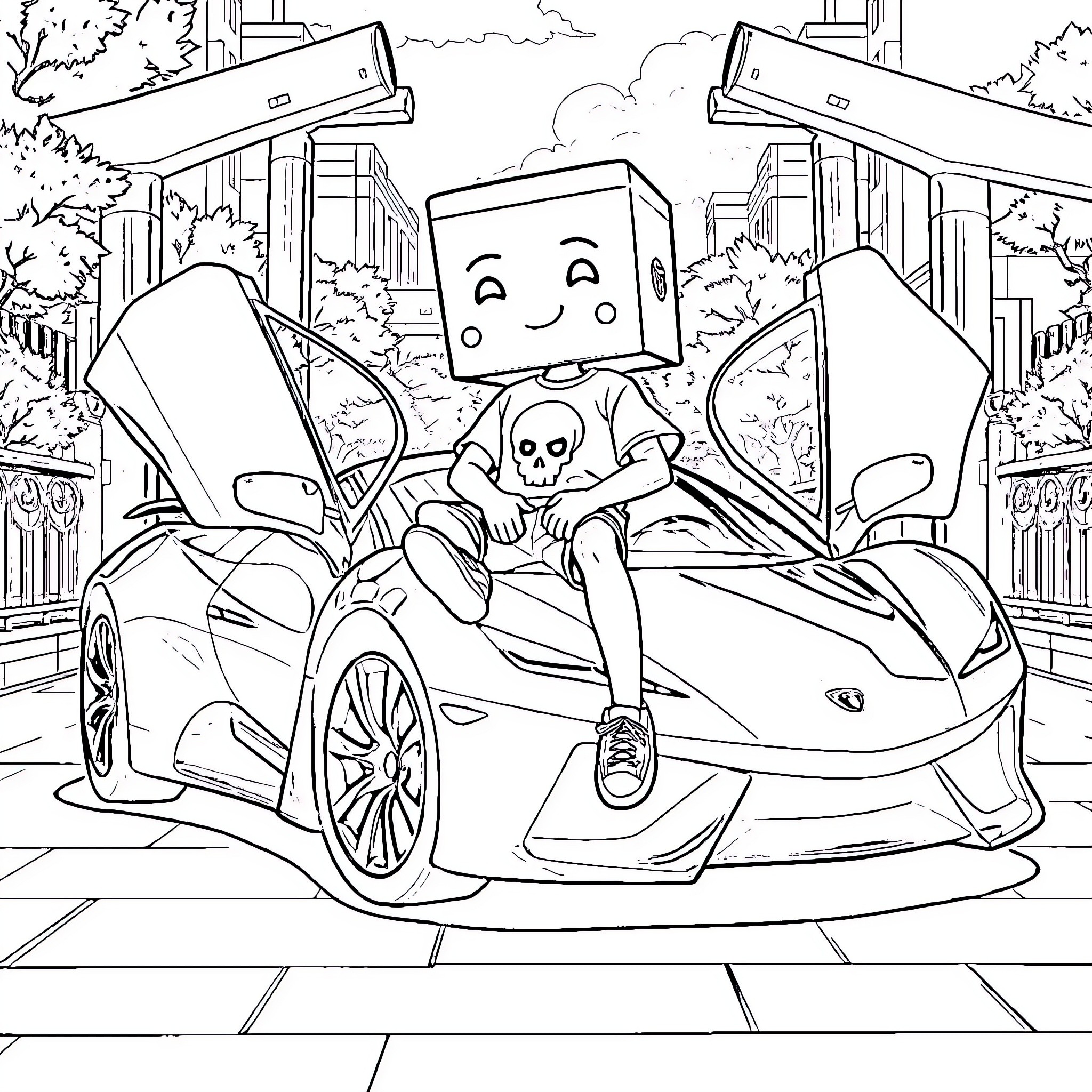 Character Enjoying Luxury Sports Car on City Street Coloring Page (free black-and-white line drawing printable PDF for all, from beginners to advanced learners, including children, teens, adults, and seniors)