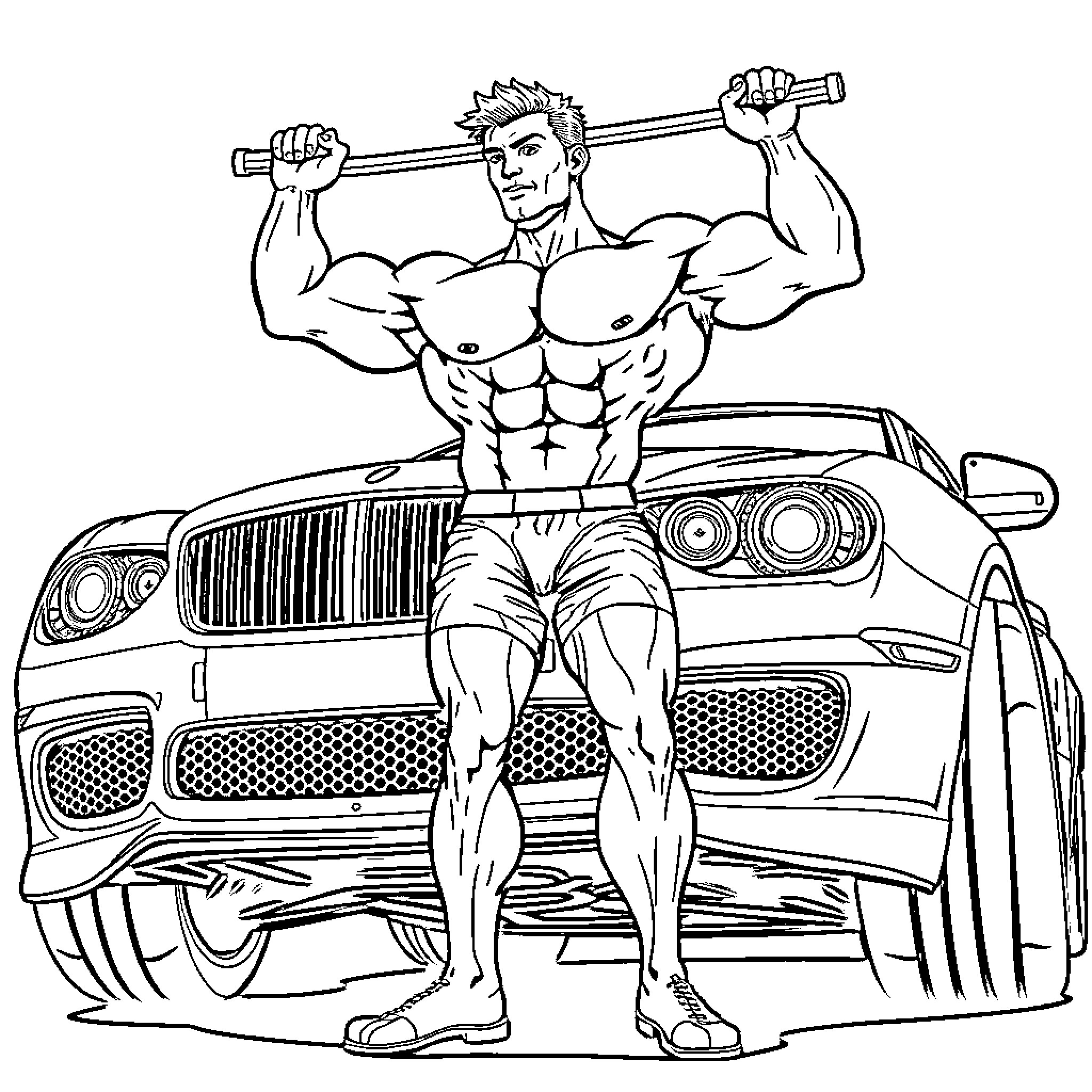 Muscle Man lifting heavy object with car in background Coloring Page (free black-and-white line drawing printable PDF for all, from beginners to advanced learners, including children, teens, adults, and seniors)