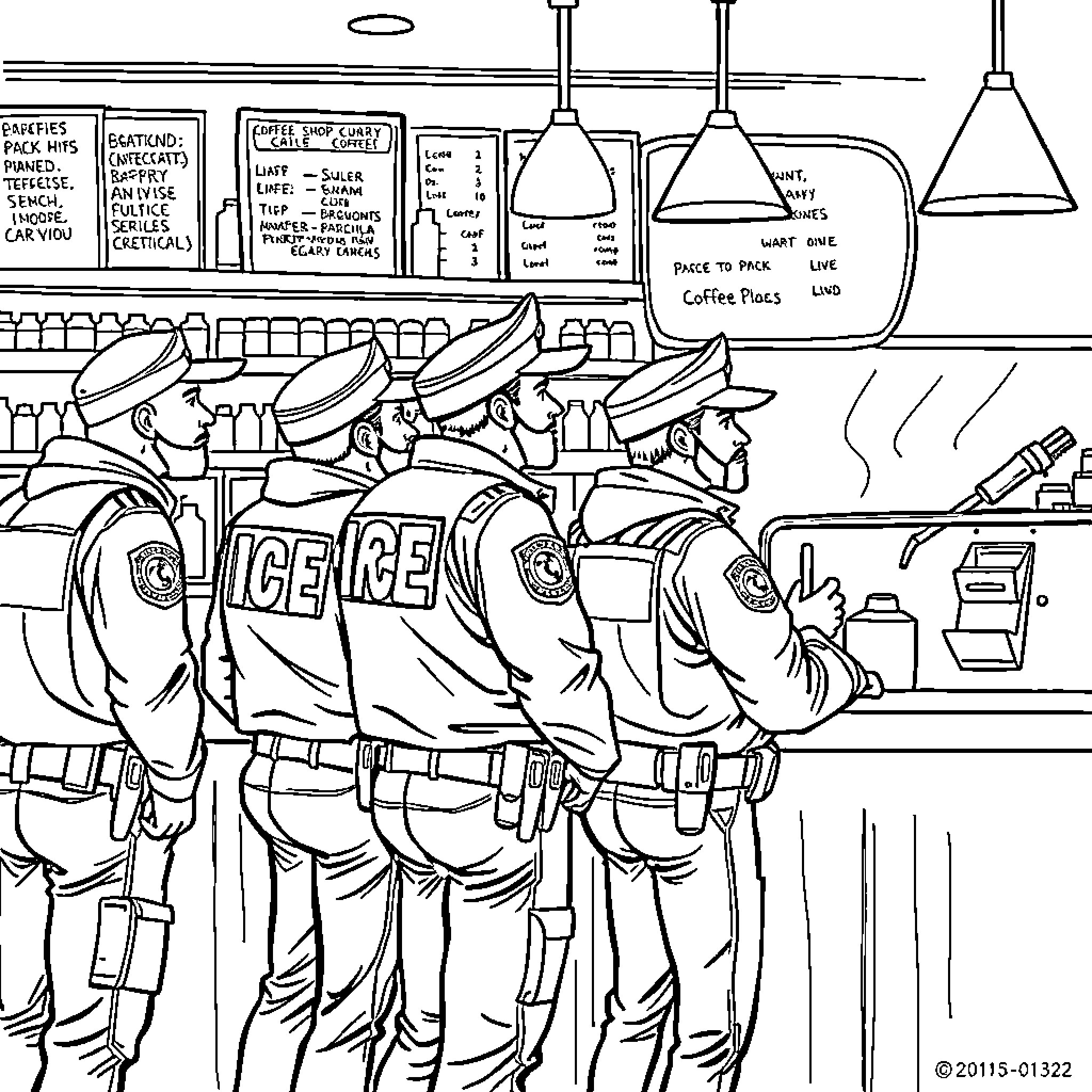 Ice Agent Enforcement Officers in Uniform Patrolling the Premises Coloring Page (free black-and-white line drawing printable PDF for all, from beginners to advanced learners, including children, teens, adults, and seniors)
