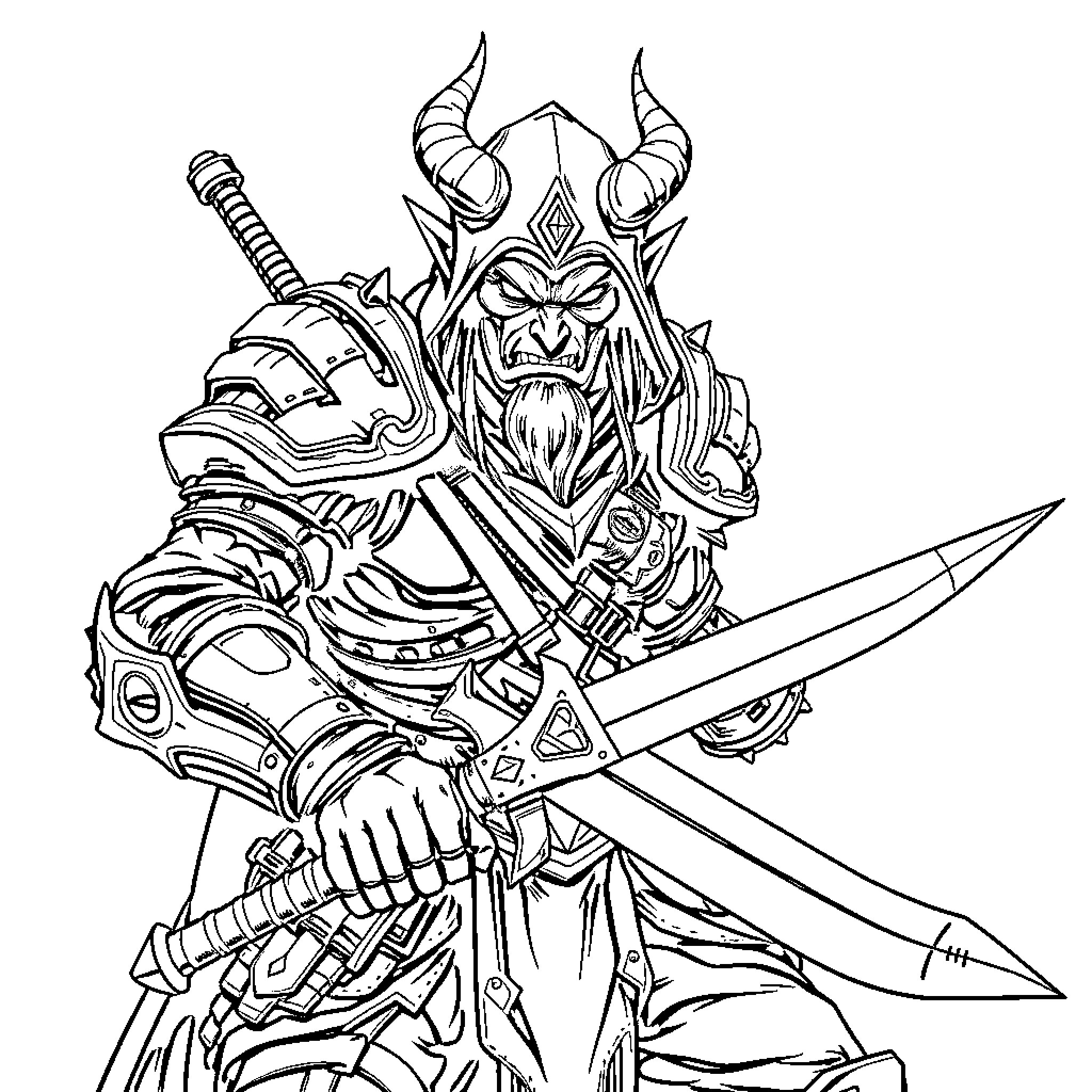 Demon Hunter wielding ferocious swords in battle Coloring Page (free black-and-white line drawing printable PDF for all, from beginners to advanced learners, including children, teens, adults, and seniors)