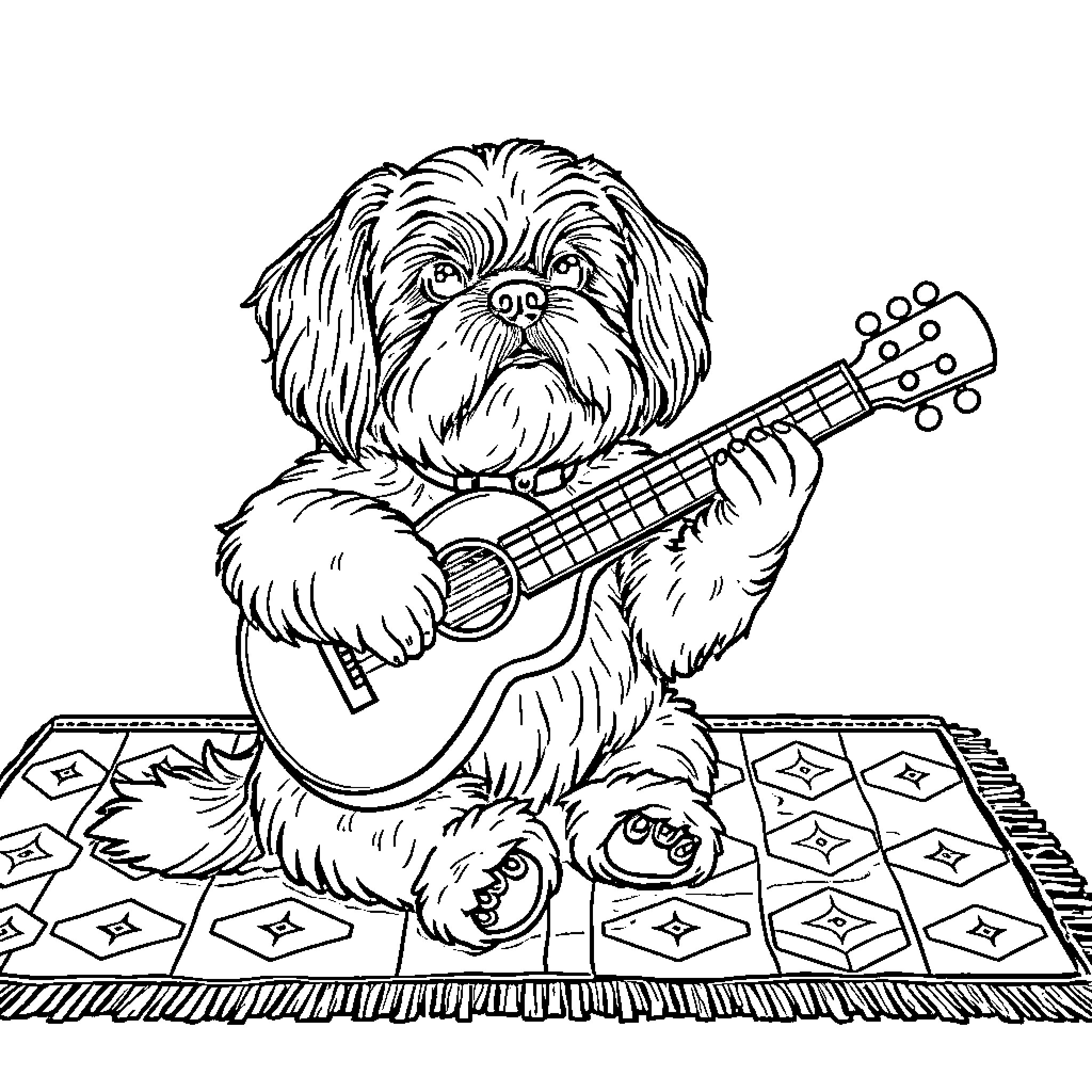 Shih Tzu playing guitar on patterned rug Coloring Page (free black-and-white line drawing printable PDF for all, from beginners to advanced learners, including children, teens, adults, and seniors)
