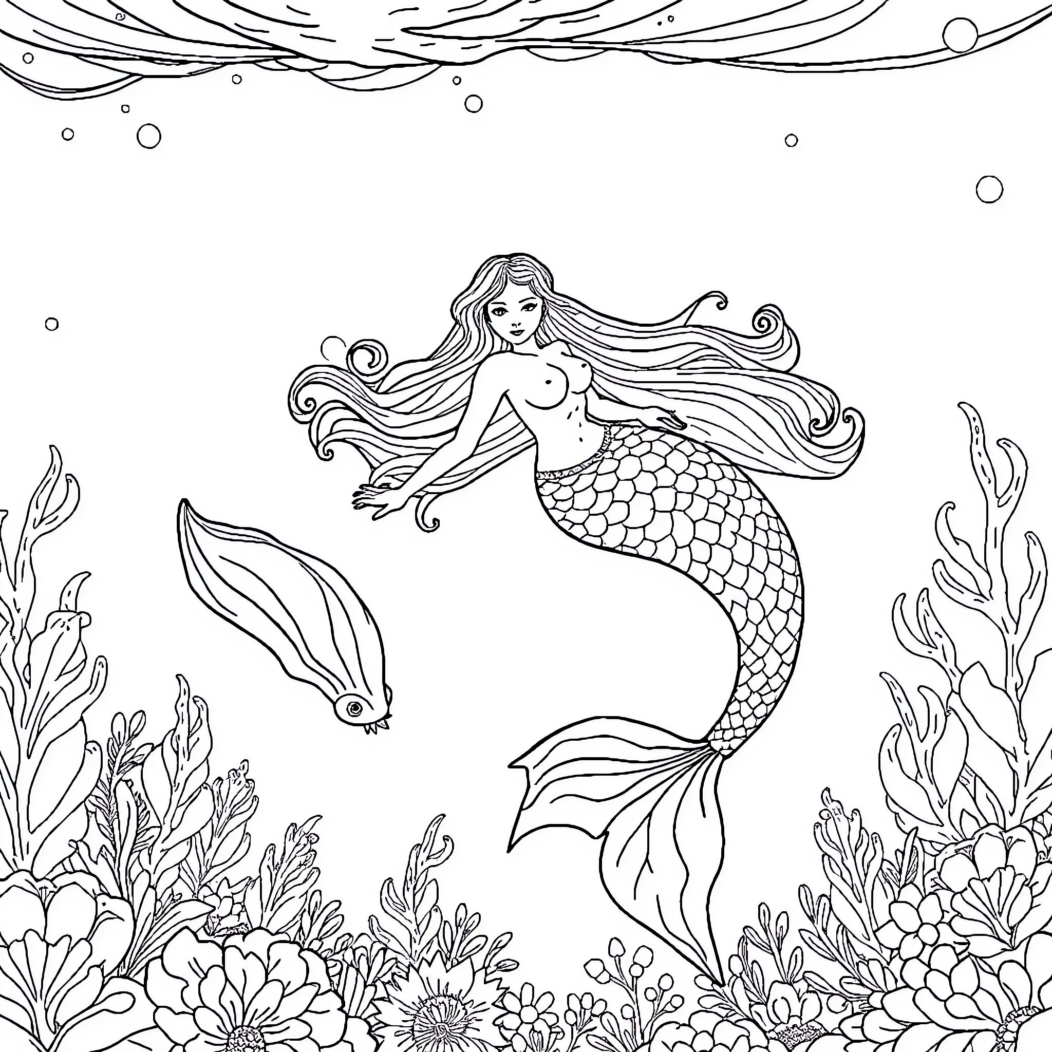 Mermaid floating gracefully among underwater flora Coloring Page (free black-and-white line drawing printable PDF for all, from beginners to advanced learners, including children, teens, adults, and seniors)
