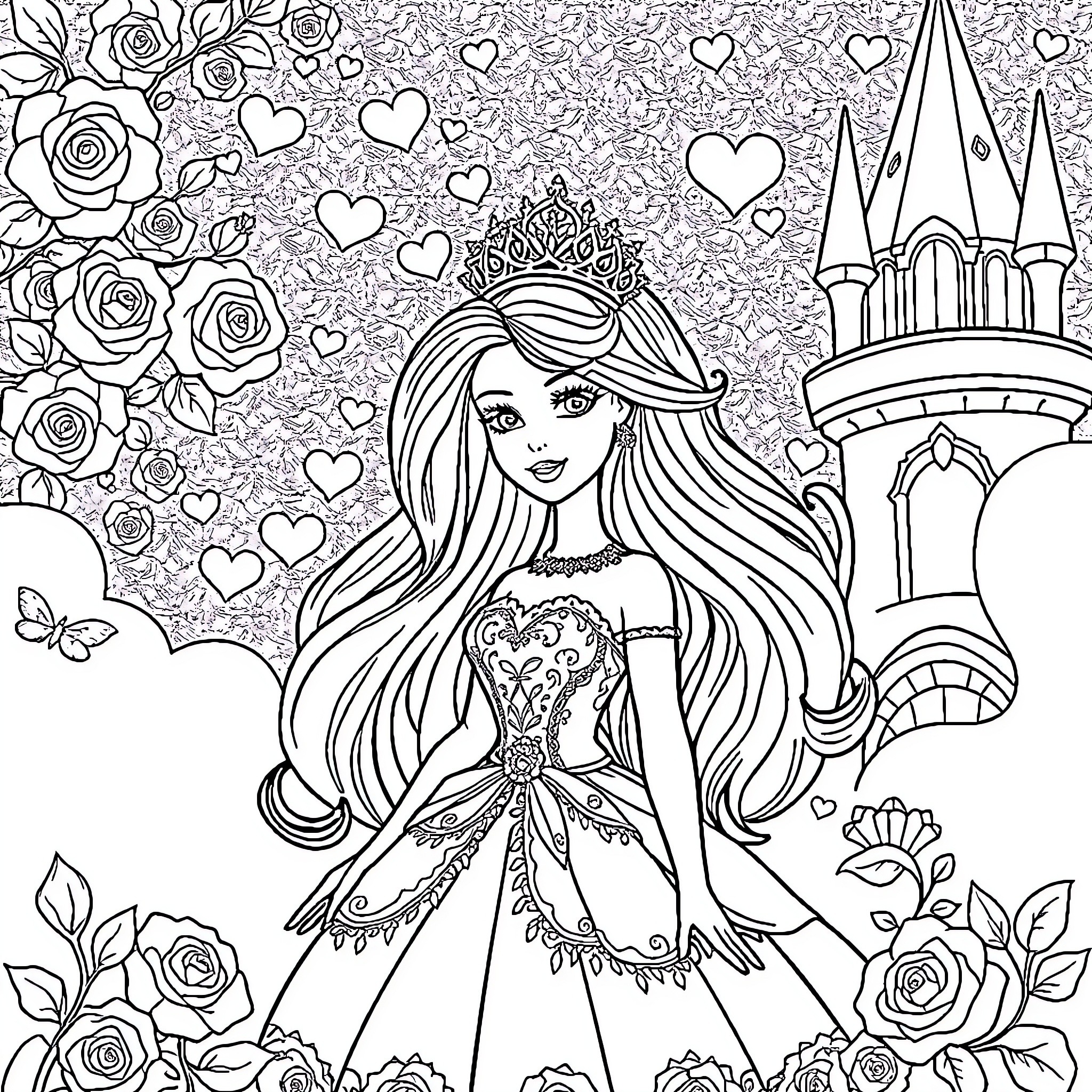 Barbie in a Fairy Tale Castle with Flowers Coloring Page (free black-and-white line drawing printable PDF for all, from beginners to advanced learners, including children, teens, adults, and seniors)