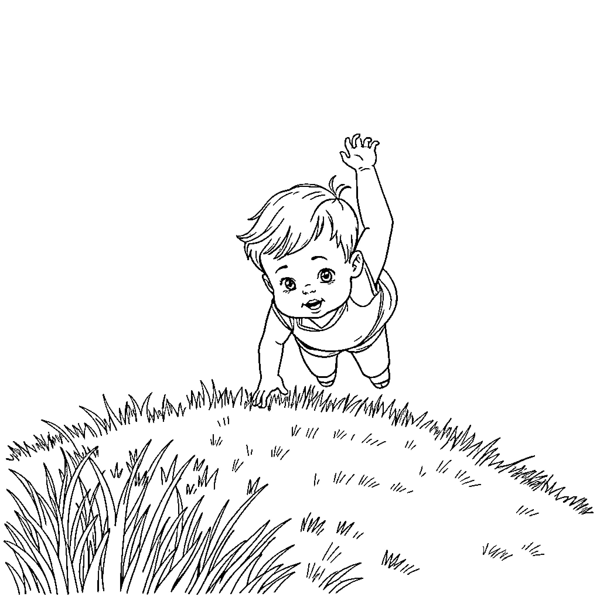 Child exploring the grassy outdoors Coloring Page (free black-and-white line drawing printable PDF for all, from beginners to advanced learners, including children, teens, adults, and seniors)
