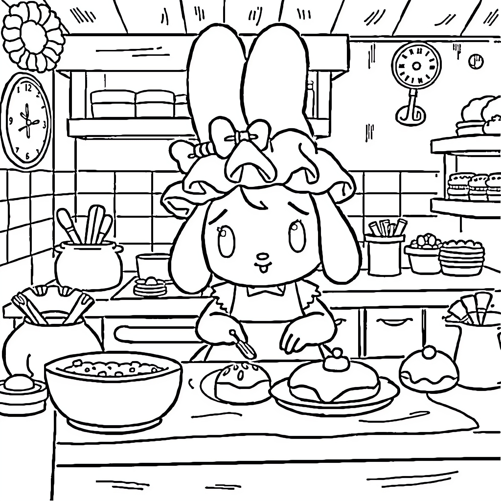 My Melody Cooking in the Kitchen Coloring Page (free black-and-white line drawing printable PDF for all, from beginners to advanced learners, including children, teens, adults, and seniors)