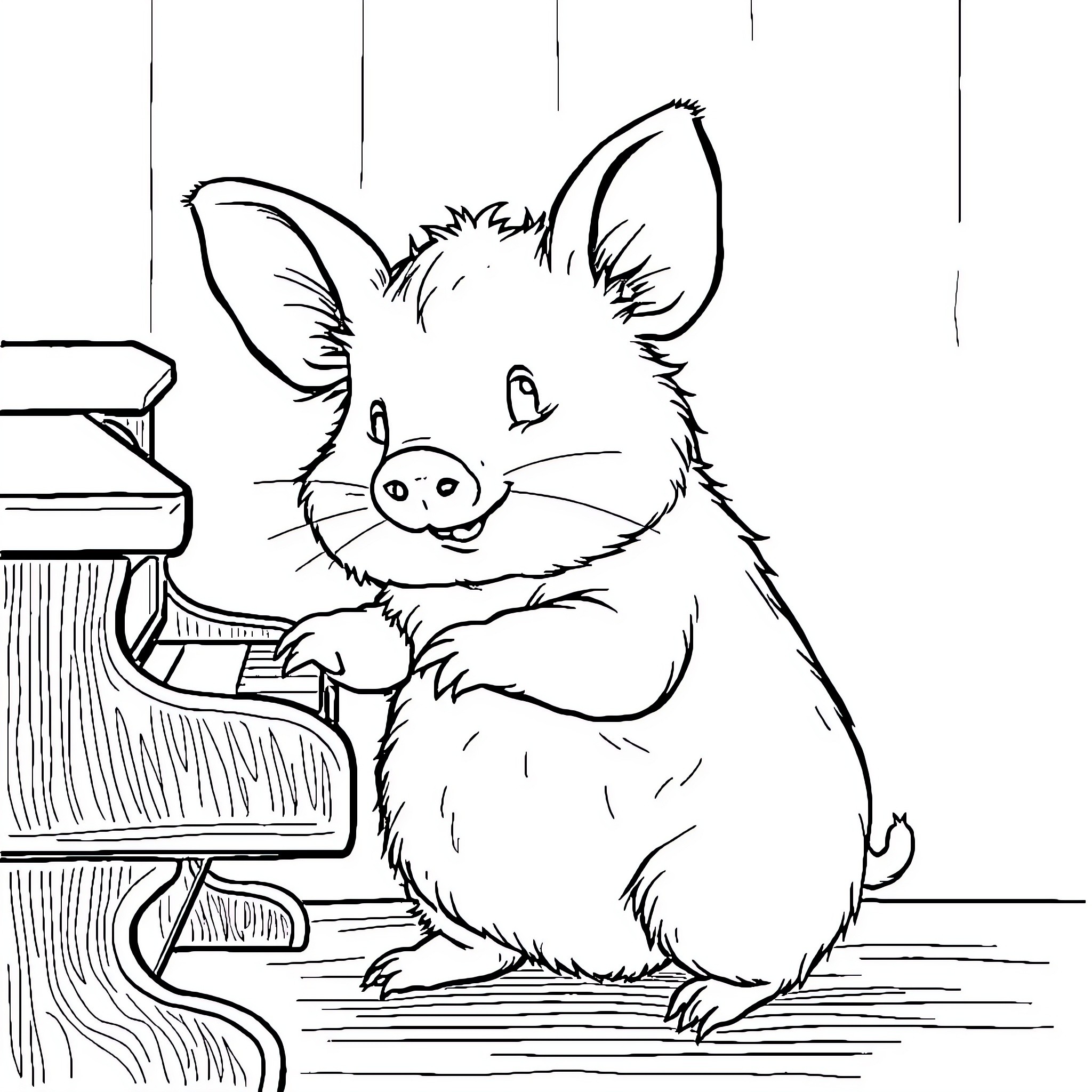 Pig exploring a wooden bookshelf Coloring Page (free black-and-white line drawing printable PDF for all, from beginners to advanced learners, including children, teens, adults, and seniors)