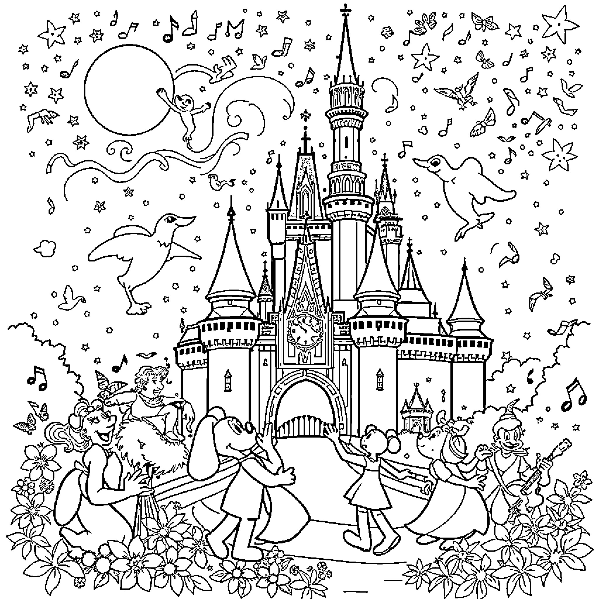 Disney Characters Celebrating in Front of the Castle Coloring Page (free black-and-white line drawing printable PDF for all, from beginners to advanced learners, including children, teens, adults, and seniors)