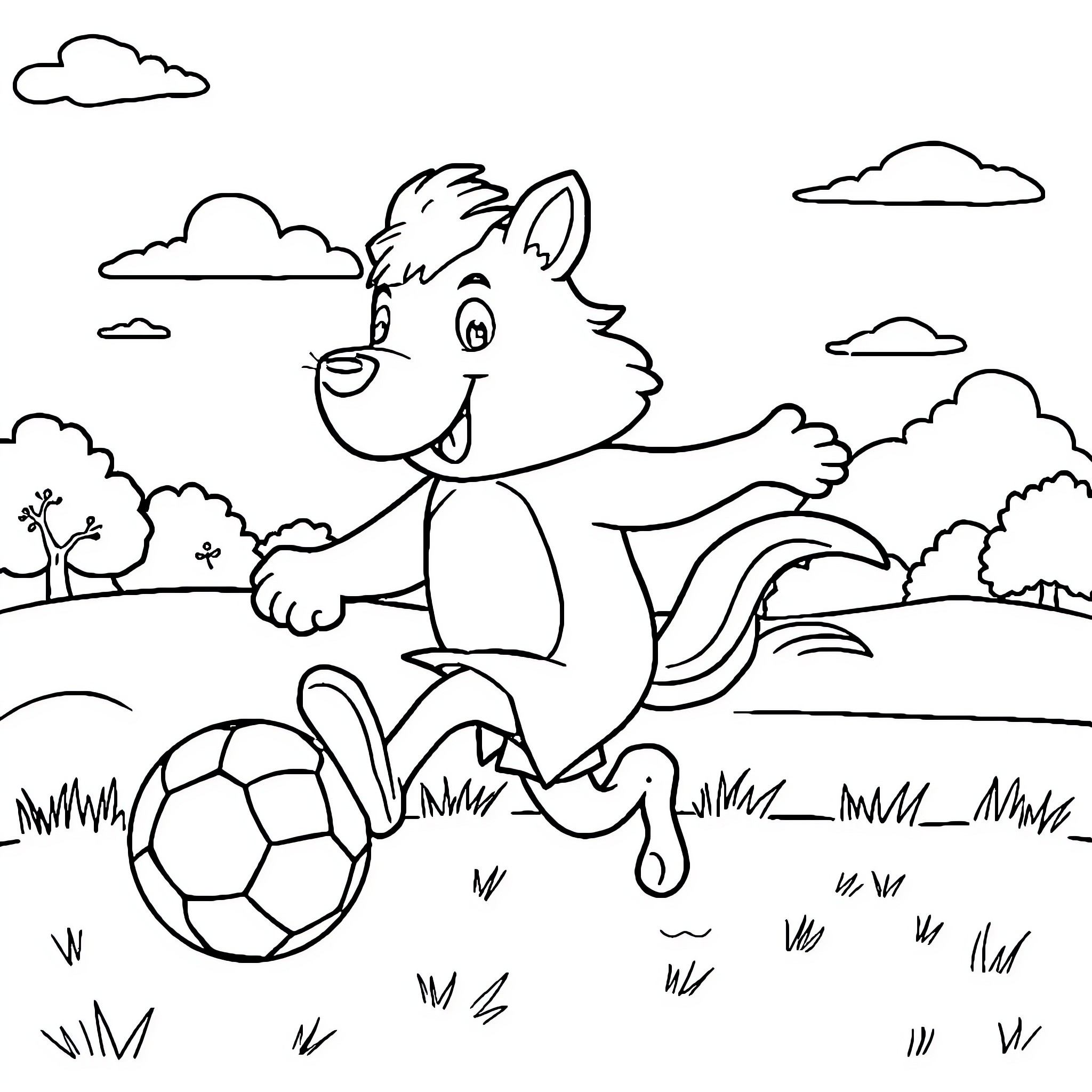 Animal playing with a soccer ball in the park Coloring Page (free black-and-white line drawing printable PDF for all, from beginners to advanced learners, including children, teens, adults, and seniors)