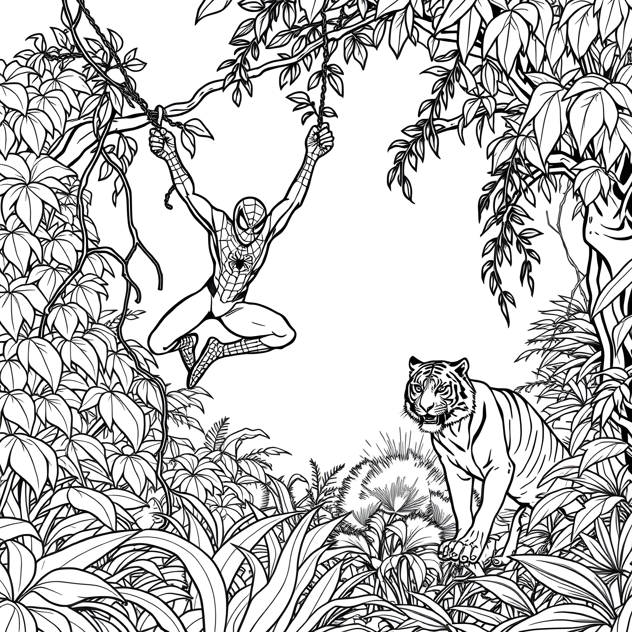 Spiderman swinging through lush jungle scenery with tiger Coloring Page (free black-and-white line drawing printable PDF for all, from beginners to advanced learners, including children, teens, adults, and seniors)