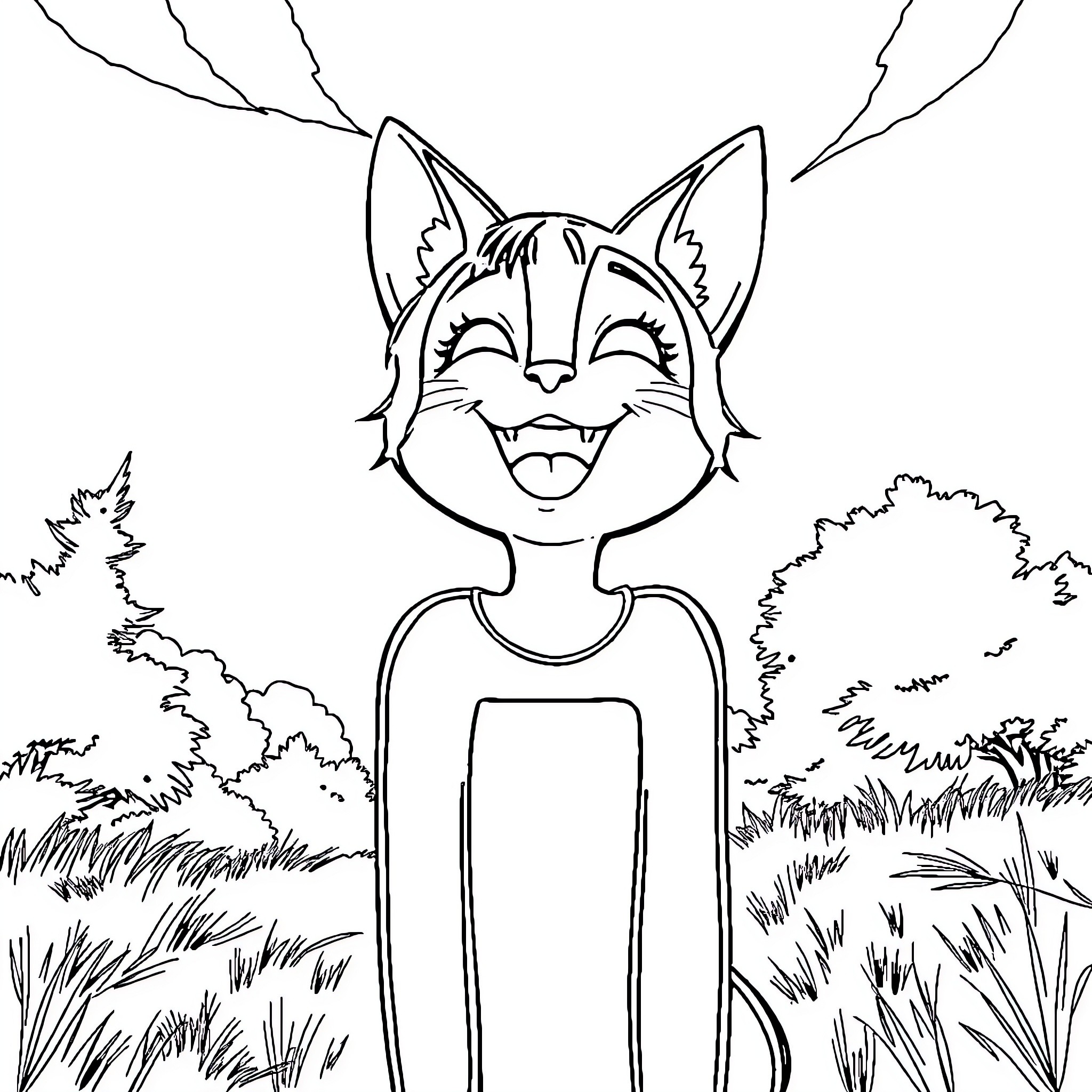 Rin's joyful expression in the natural setting Coloring Page (free black-and-white line drawing printable PDF for all, from beginners to advanced learners, including children, teens, adults, and seniors)