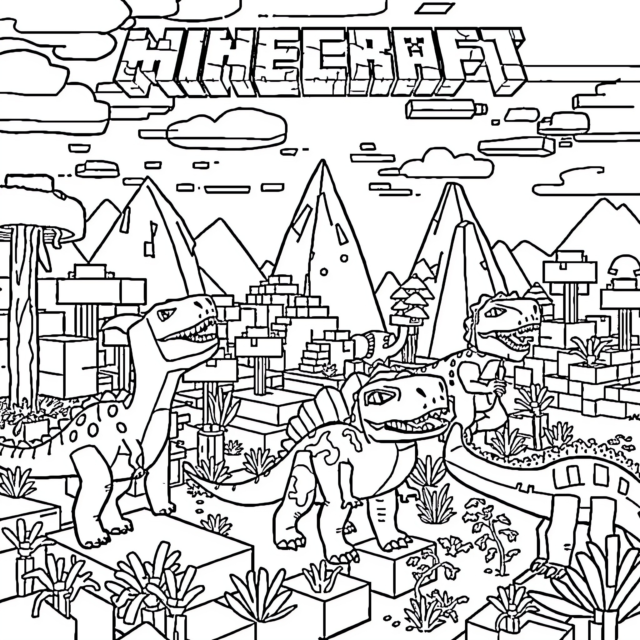 Dinosaur exploring prehistoric landscape Coloring Page (free black-and-white line drawing printable PDF for all, from beginners to advanced learners, including children, teens, adults, and seniors)