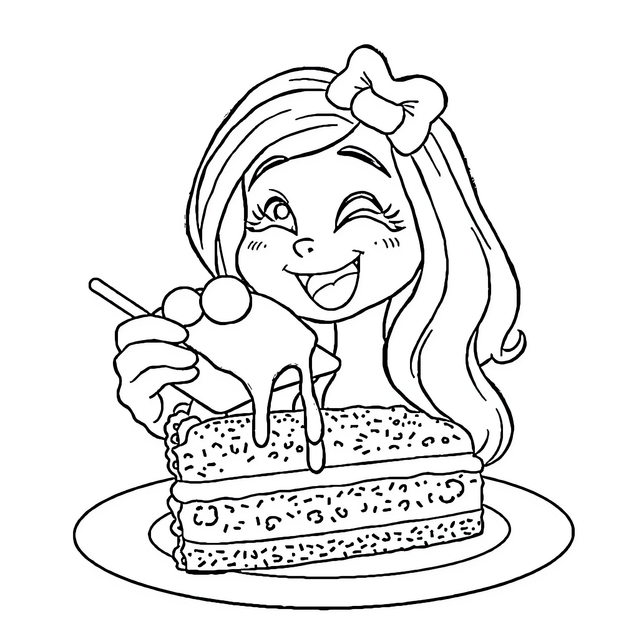 Semba girl enjoying a delicious cake Coloring Page (free black-and-white line drawing printable PDF for all, from beginners to advanced learners, including children, teens, adults, and seniors)