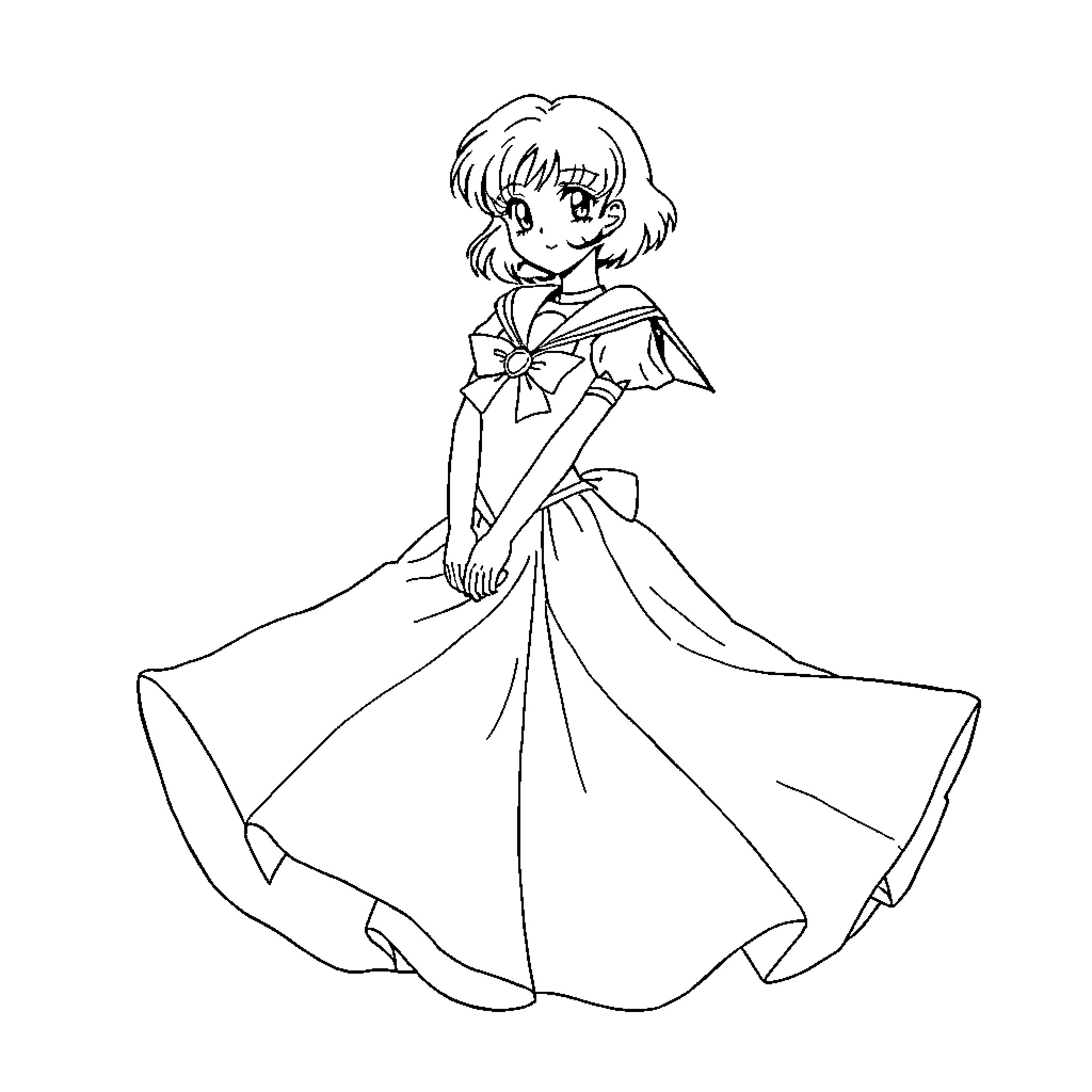 Sailor Saturn in a whimsical dance Coloring Page (free black-and-white line drawing printable PDF for all, from beginners to advanced learners, including children, teens, adults, and seniors)
