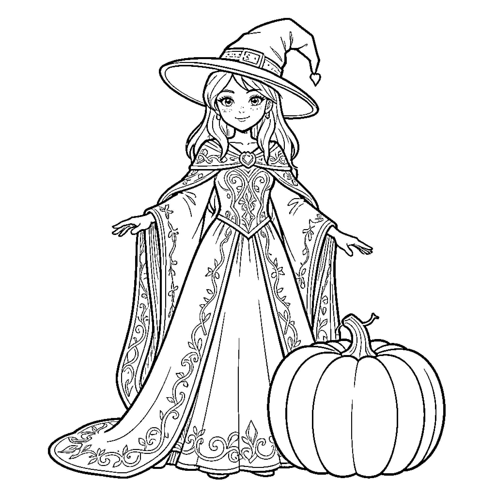 Snow Queen wearing a magical hat standing by a pumpkin Coloring Page (free black-and-white line drawing printable PDF for all, from beginners to advanced learners, including children, teens, adults, and seniors)