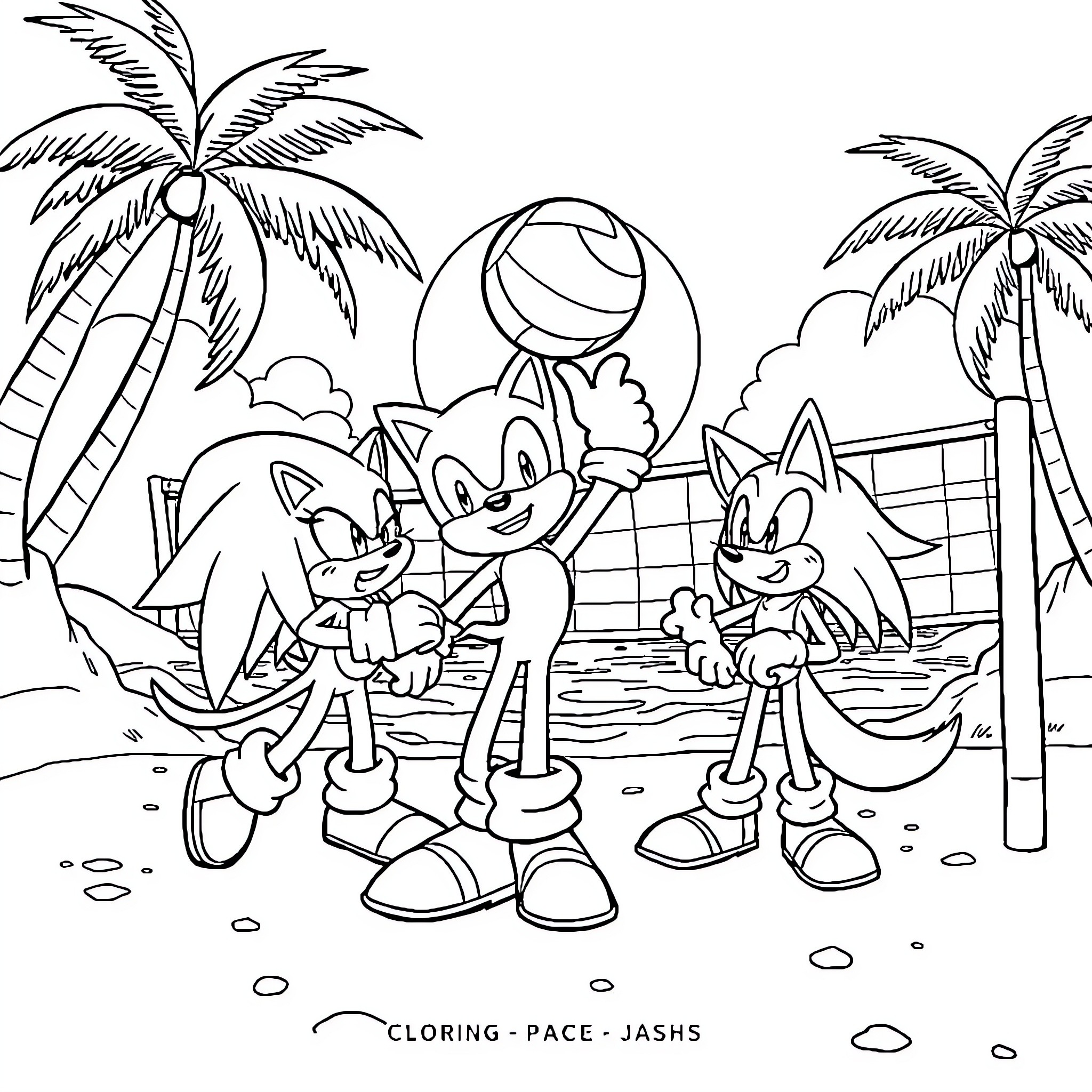 Sonic and Friends Playing at the Beach Coloring Page (free black-and-white line drawing printable PDF for all, from beginners to advanced learners, including children, teens, adults, and seniors)