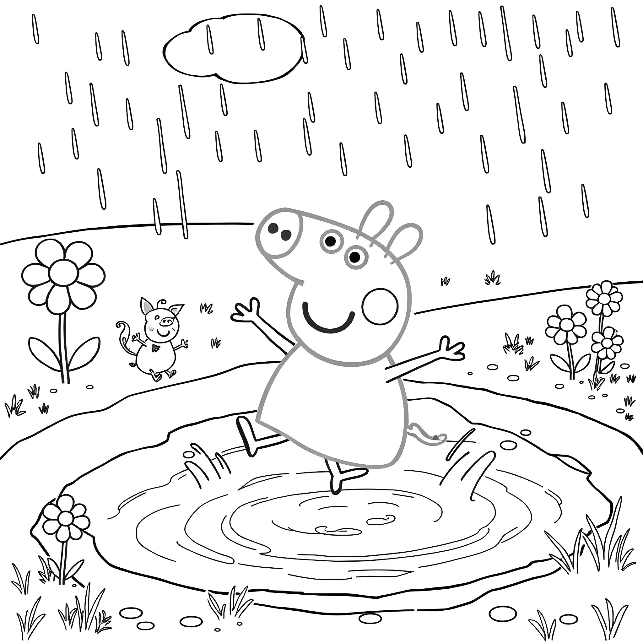 Peppa Pig playing happily in the rain Coloring Page (free black-and-white line drawing printable PDF for all, from beginners to advanced learners, including children, teens, adults, and seniors)
