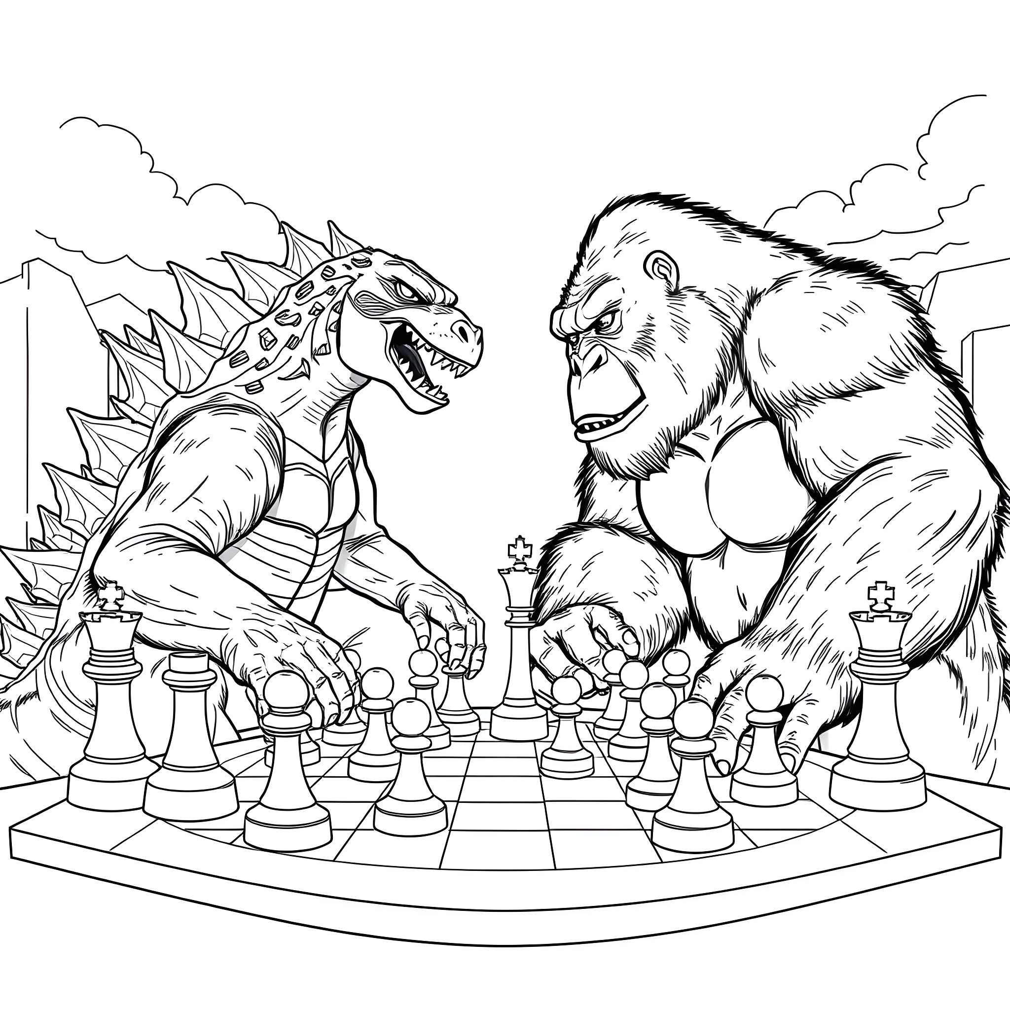 Godzilla playing chess against a giant monster Coloring Page (free black-and-white line drawing printable PDF for all, from beginners to advanced learners, including children, teens, adults, and seniors)