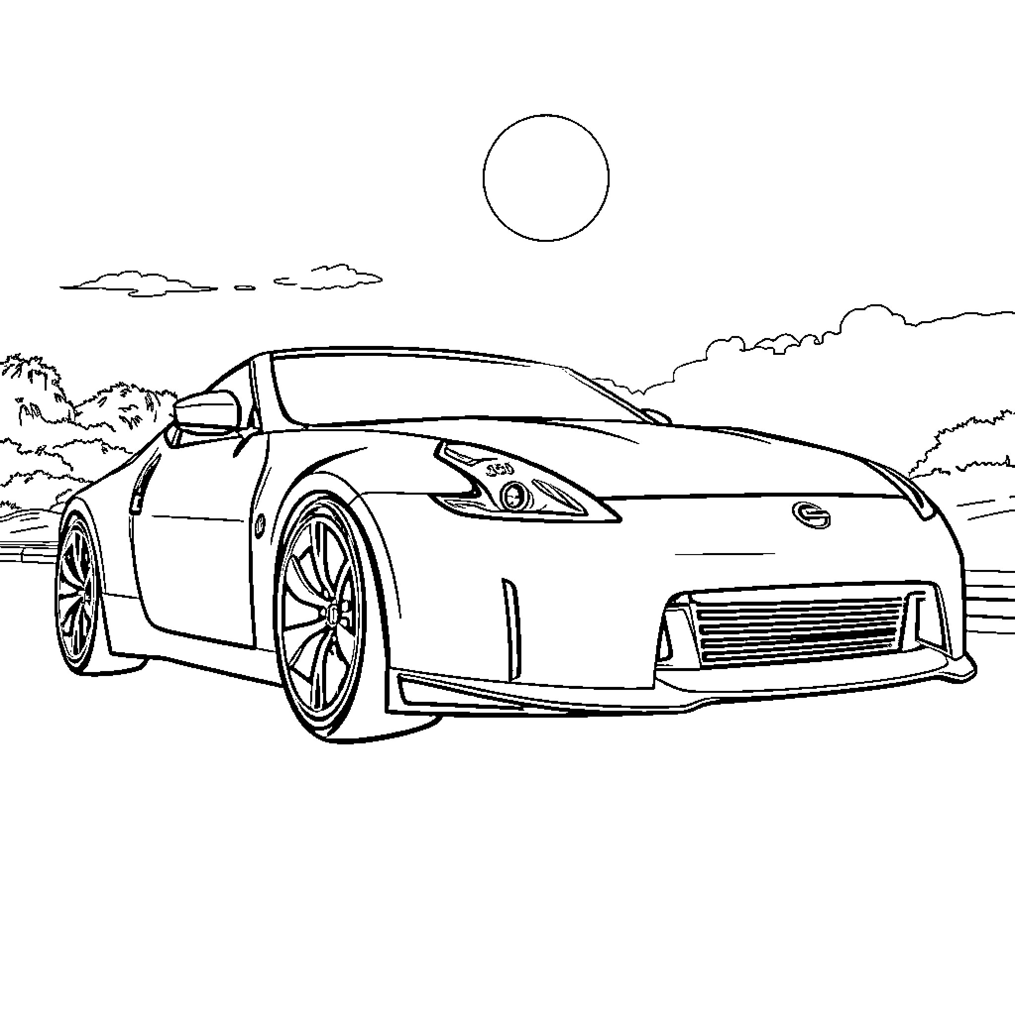 350z sports car driving on scenic road Coloring Page (free black-and-white line drawing printable PDF for all, from beginners to advanced learners, including children, teens, adults, and seniors)