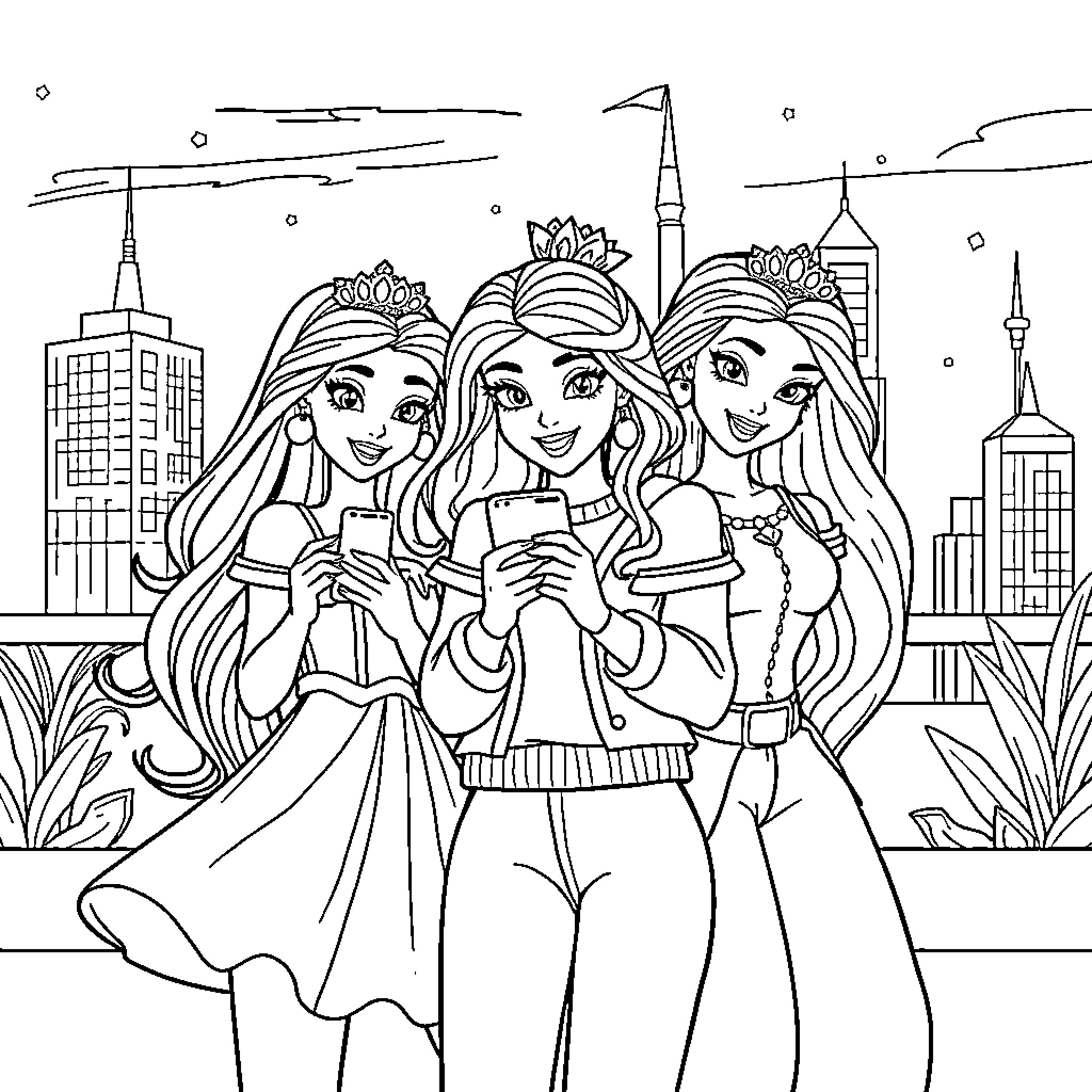 Disney Princess Taking Selfies in the City Coloring Page (free black-and-white line drawing printable PDF for all, from beginners to advanced learners, including children, teens, adults, and seniors)
