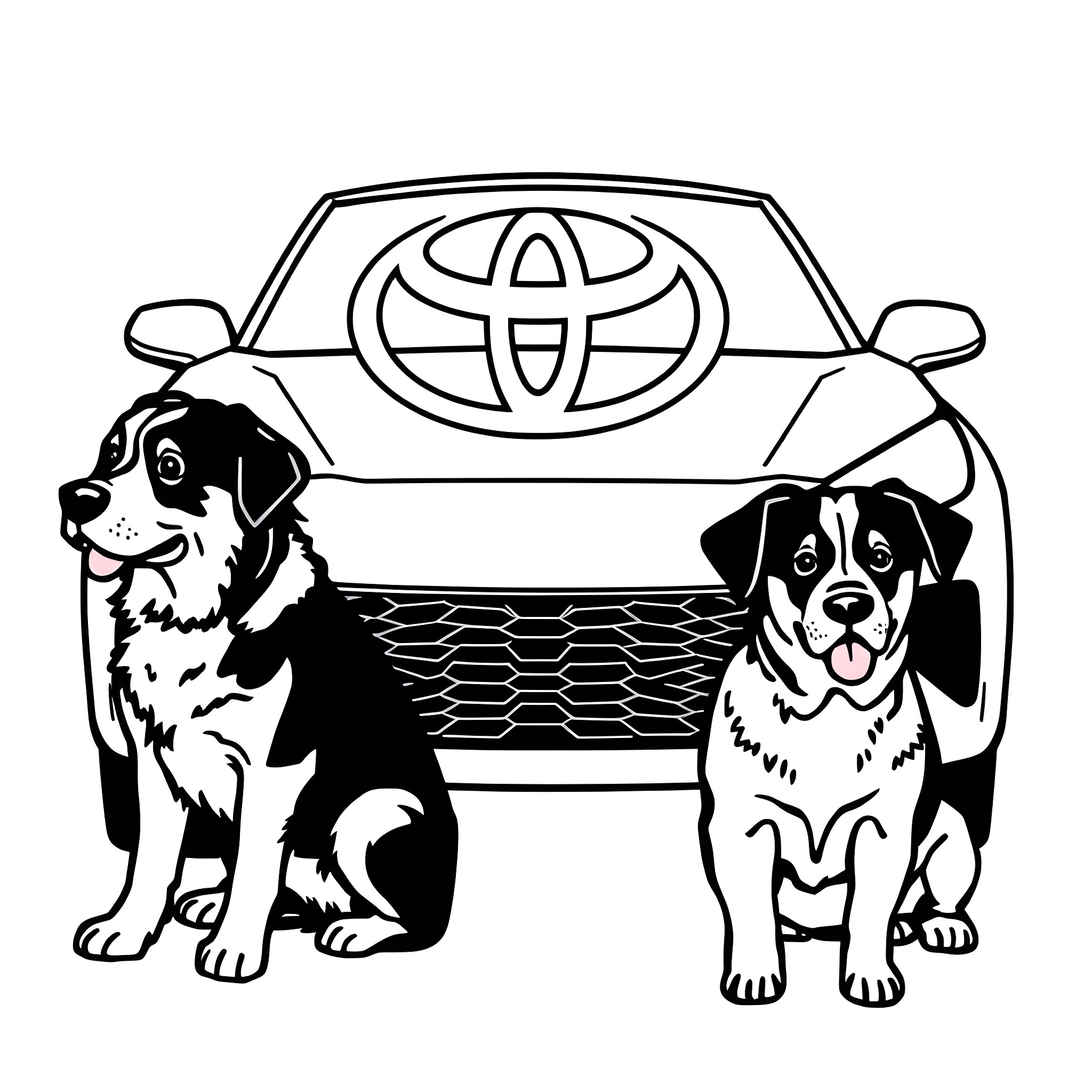 Dogs sitting in front of a car Coloring Page (free black-and-white line drawing printable PDF for all, from beginners to advanced learners, including children, teens, adults, and seniors)