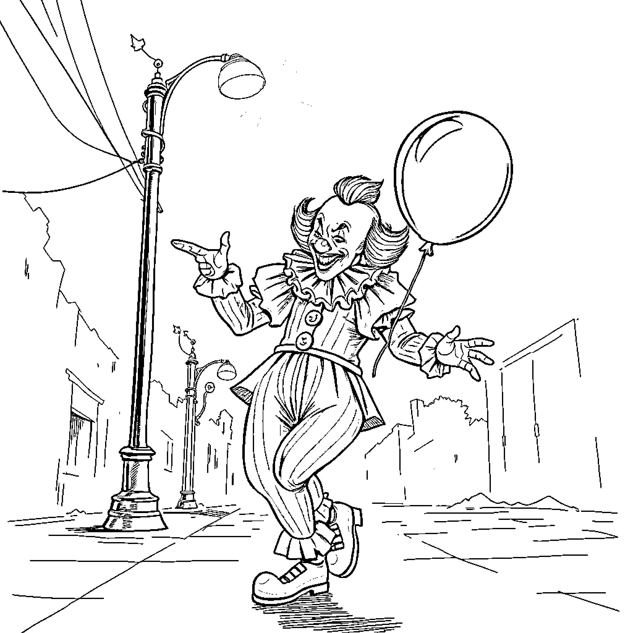 Pennywise the Clown's Sinister Antics in the City Coloring Page (free black-and-white line drawing printable PDF for all, from beginners to advanced learners, including children, teens, adults, and seniors)