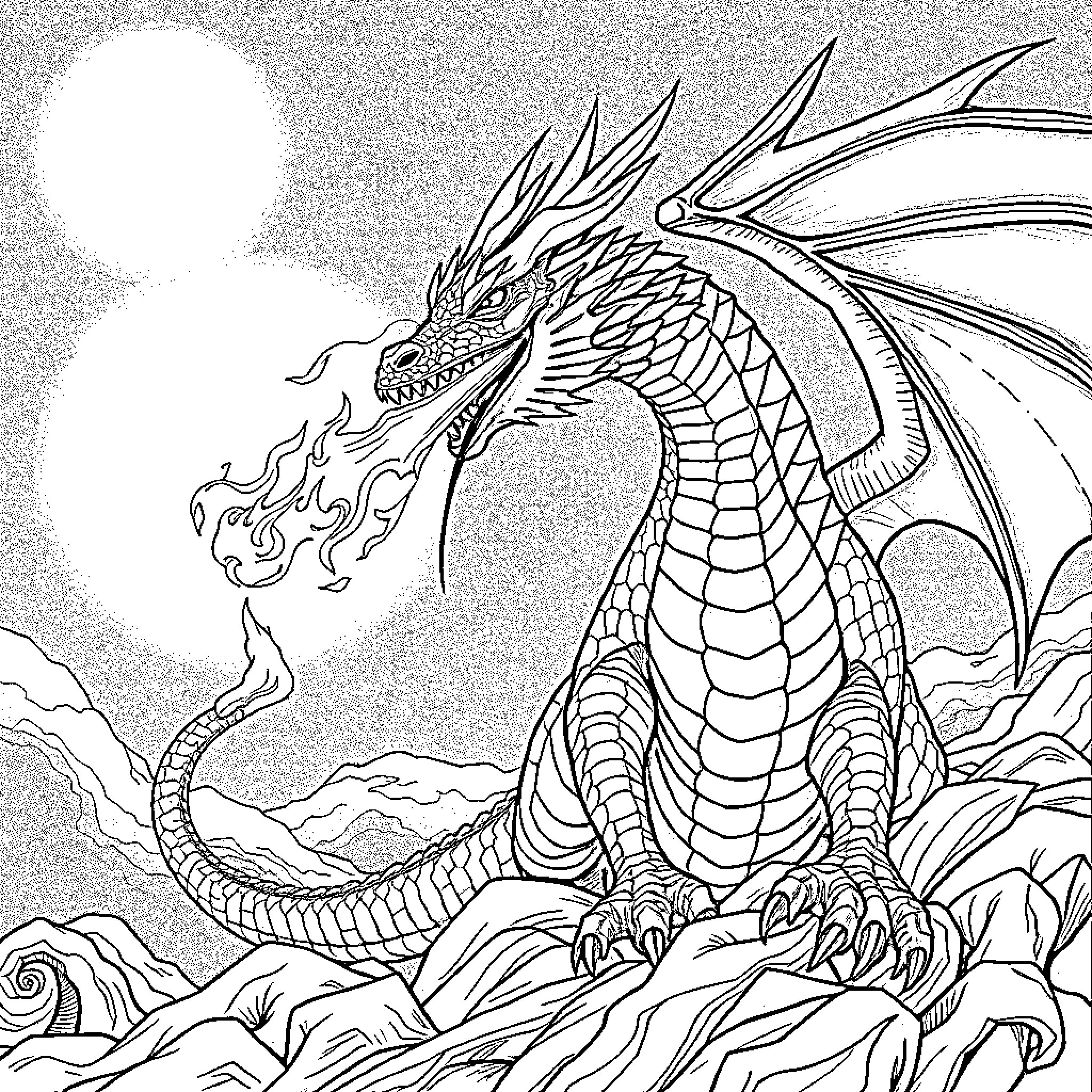 Dragon Breathing Fire in a Dramatic Landscape Coloring Page (free black-and-white line drawing printable PDF for all, from beginners to advanced learners, including children, teens, adults, and seniors)