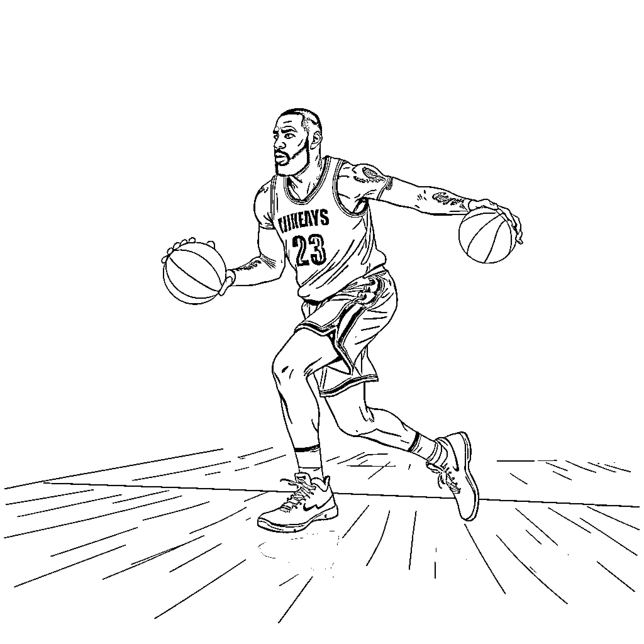 LeBron James Basketball Player in Action Coloring Page (free black-and-white line drawing printable PDF for all, from beginners to advanced learners, including children, teens, adults, and seniors)