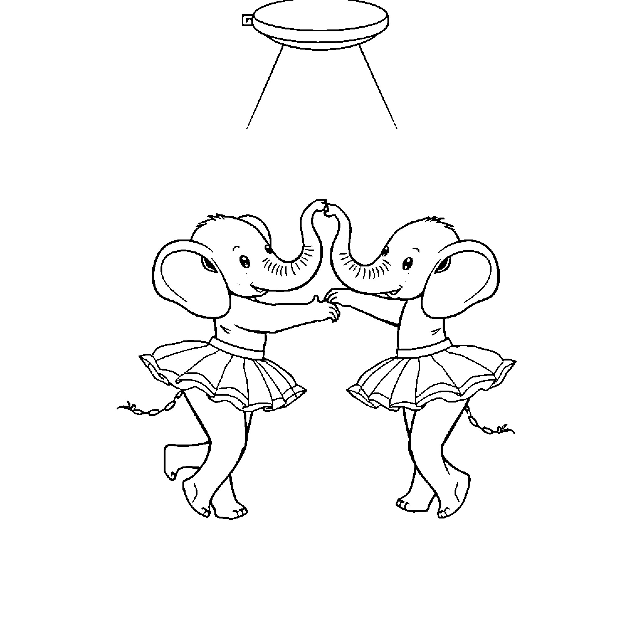 Elephant dancers performing under a UFO Coloring Page (free black-and-white line drawing printable PDF for all, from beginners to advanced learners, including children, teens, adults, and seniors)