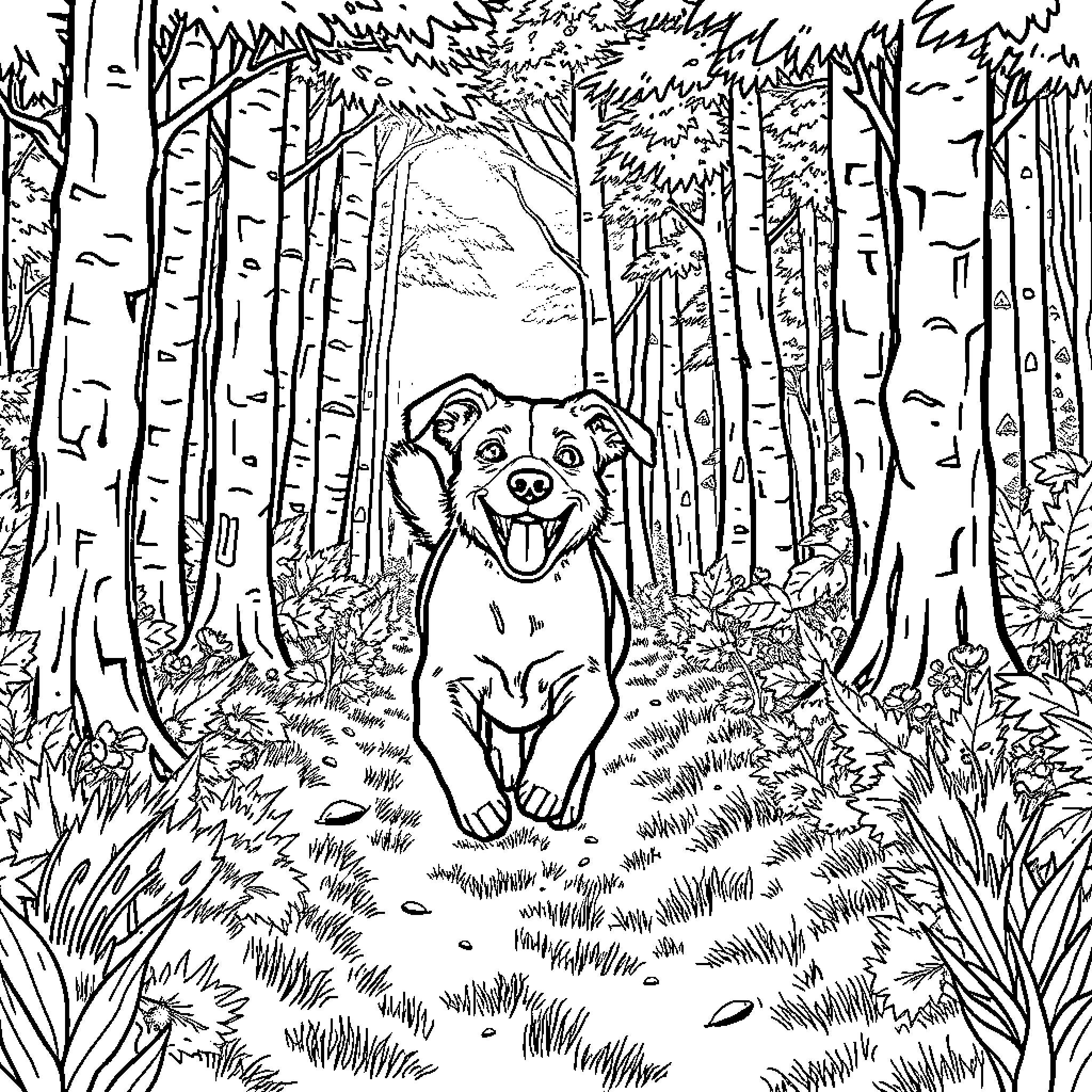 Dog Exploring the Enchanting Forest Coloring Page (free black-and-white line drawing printable PDF for all, from beginners to advanced learners, including children, teens, adults, and seniors)