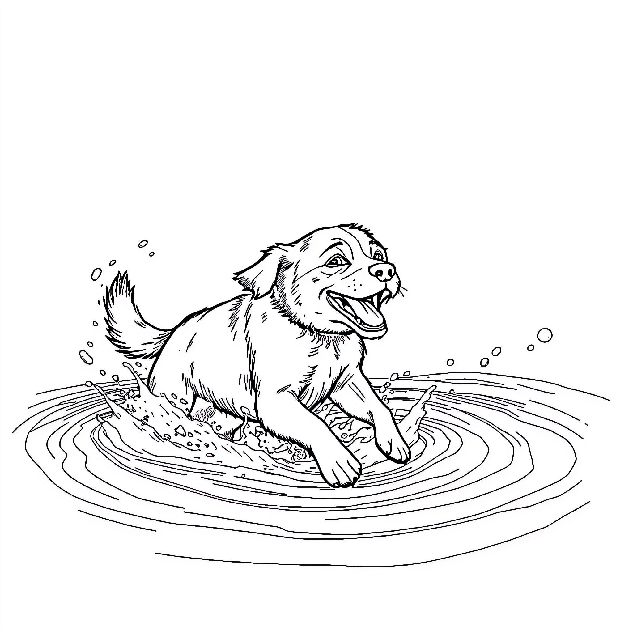 Dog splashing in a puddle happily Coloring Page (free black-and-white line drawing printable PDF for all, from beginners to advanced learners, including children, teens, adults, and seniors)