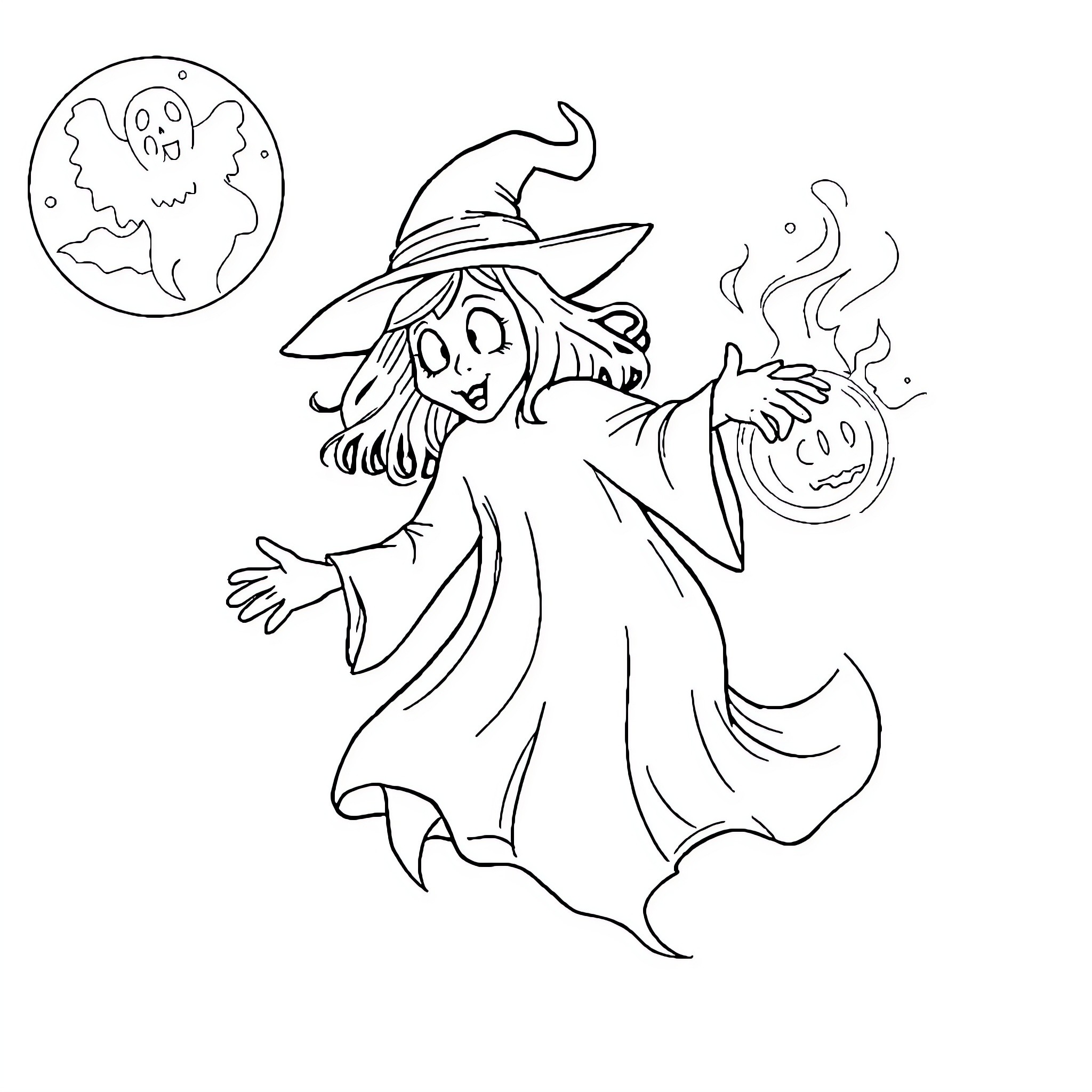 Witch casting a spell under the moon Coloring Page (free black-and-white line drawing printable PDF for all, from beginners to advanced learners, including children, teens, adults, and seniors)