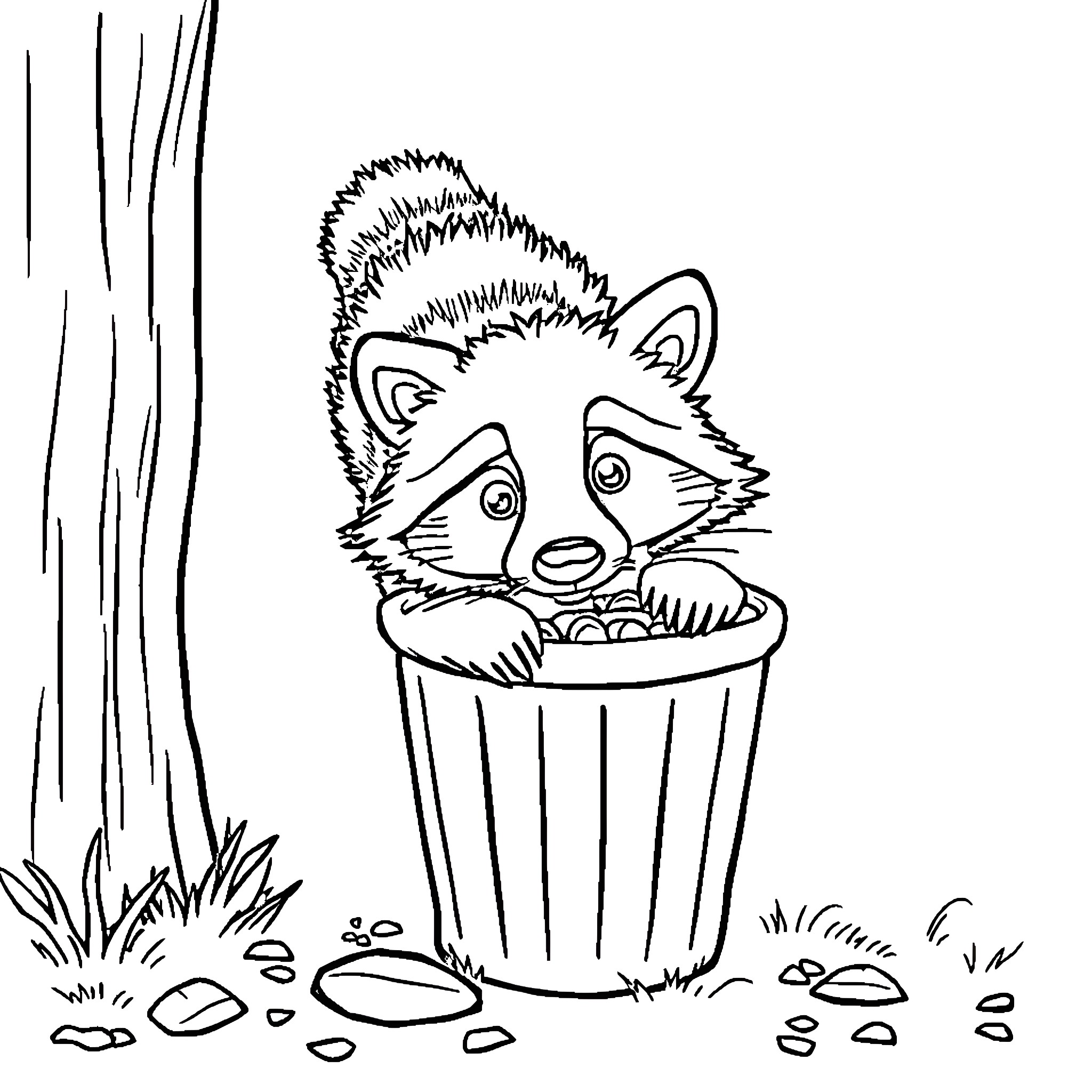 Raccoon explores discarded trash in forest Coloring Page (free black-and-white line drawing printable PDF for all, from beginners to advanced learners, including children, teens, adults, and seniors)