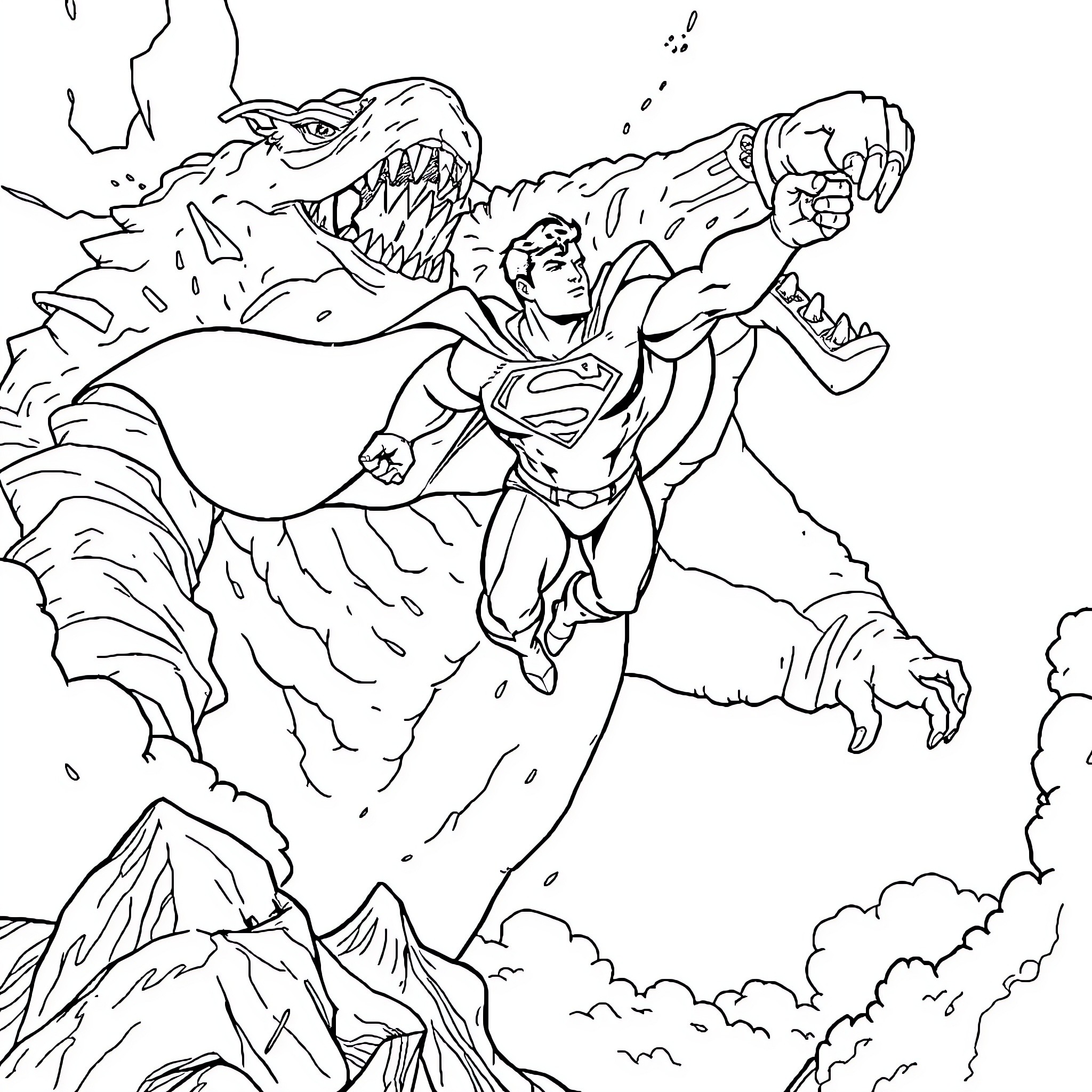 Superman battling a fierce dragon in the clouds Coloring Page (free black-and-white line drawing printable PDF for all, from beginners to advanced learners, including children, teens, adults, and seniors)