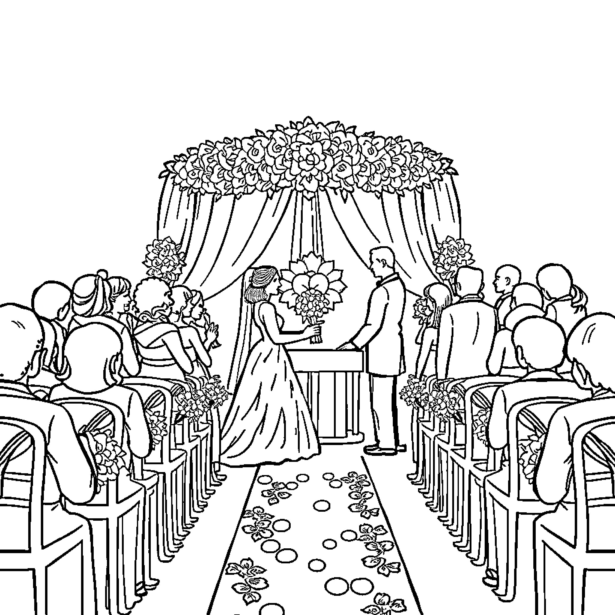 Wedding ceremony under an ornate floral arch Coloring Page (free black-and-white line drawing printable PDF for all, from beginners to advanced learners, including children, teens, adults, and seniors)