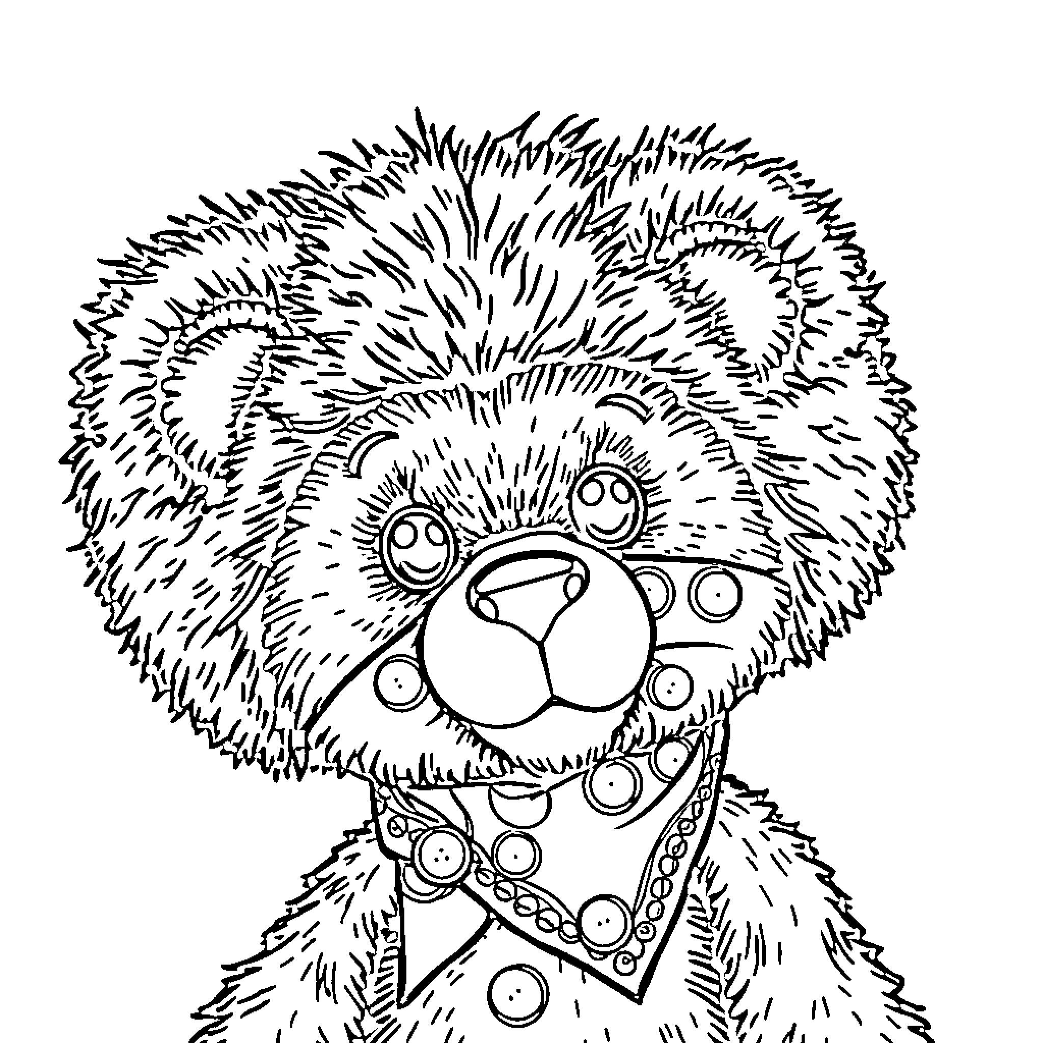 Teddy Bear with Whimsical Patterns and Expressions Coloring Page (free black-and-white line drawing printable PDF for all, from beginners to advanced learners, including children, teens, adults, and seniors)