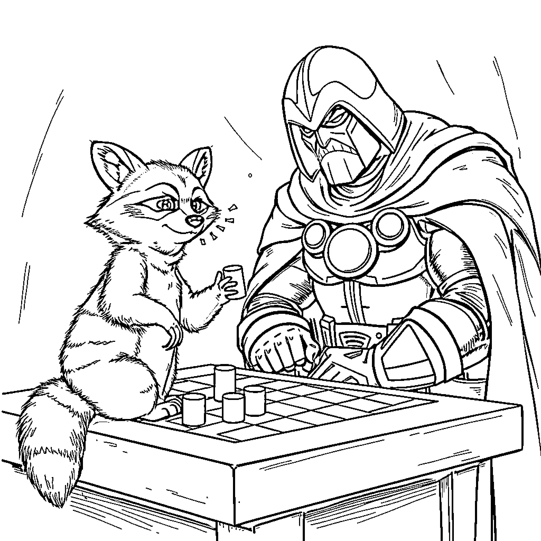Doctor Doom playing chess with a raccoon Coloring Page (free black-and-white line drawing printable PDF for all, from beginners to advanced learners, including children, teens, adults, and seniors)