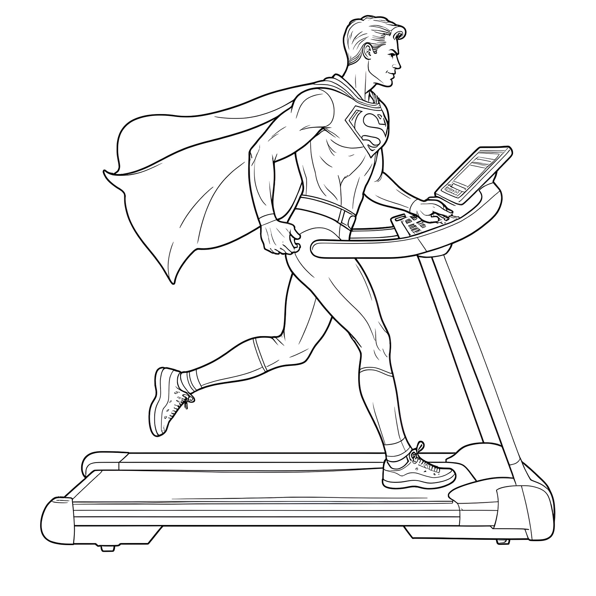 Superman running on a treadmill Coloring Page (free black-and-white line drawing printable PDF for all, from beginners to advanced learners, including children, teens, adults, and seniors)
