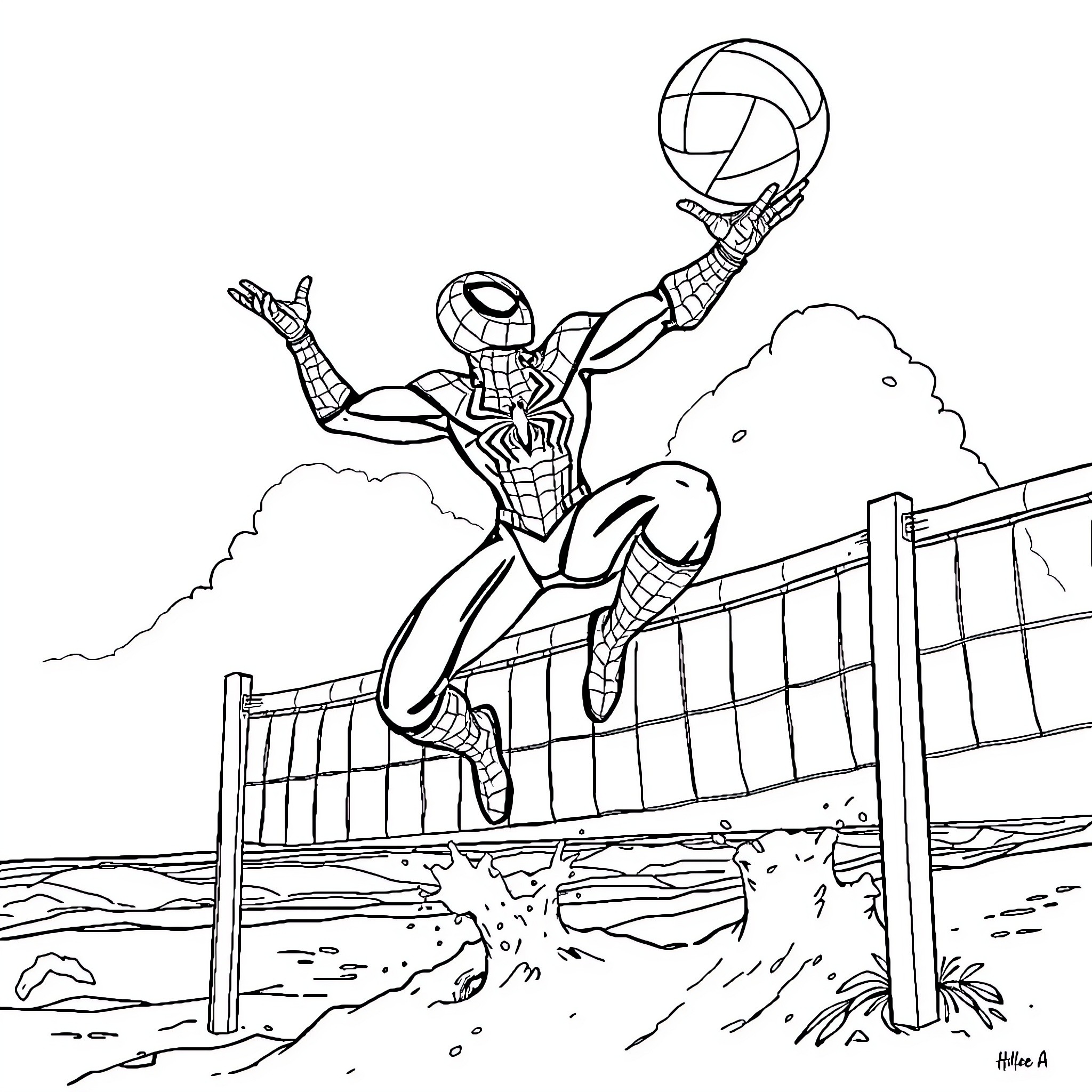 Spider-Man swinging heroically through the city Coloring Page (free black-and-white line drawing printable PDF for all, from beginners to advanced learners, including children, teens, adults, and seniors)