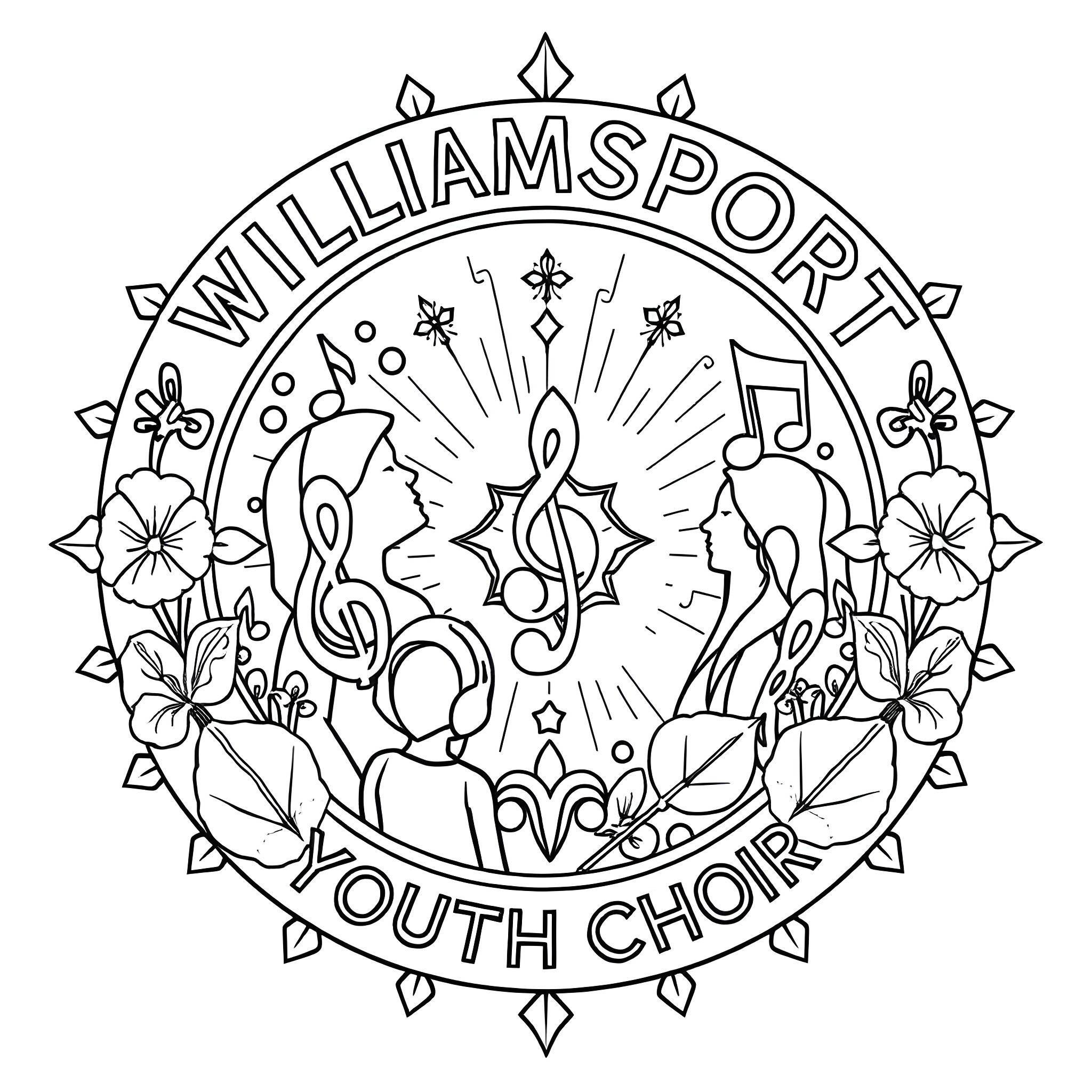 Choir performing with musical instruments and flowers Coloring Page (free black-and-white line drawing printable PDF for all, from beginners to advanced learners, including children, teens, adults, and seniors)