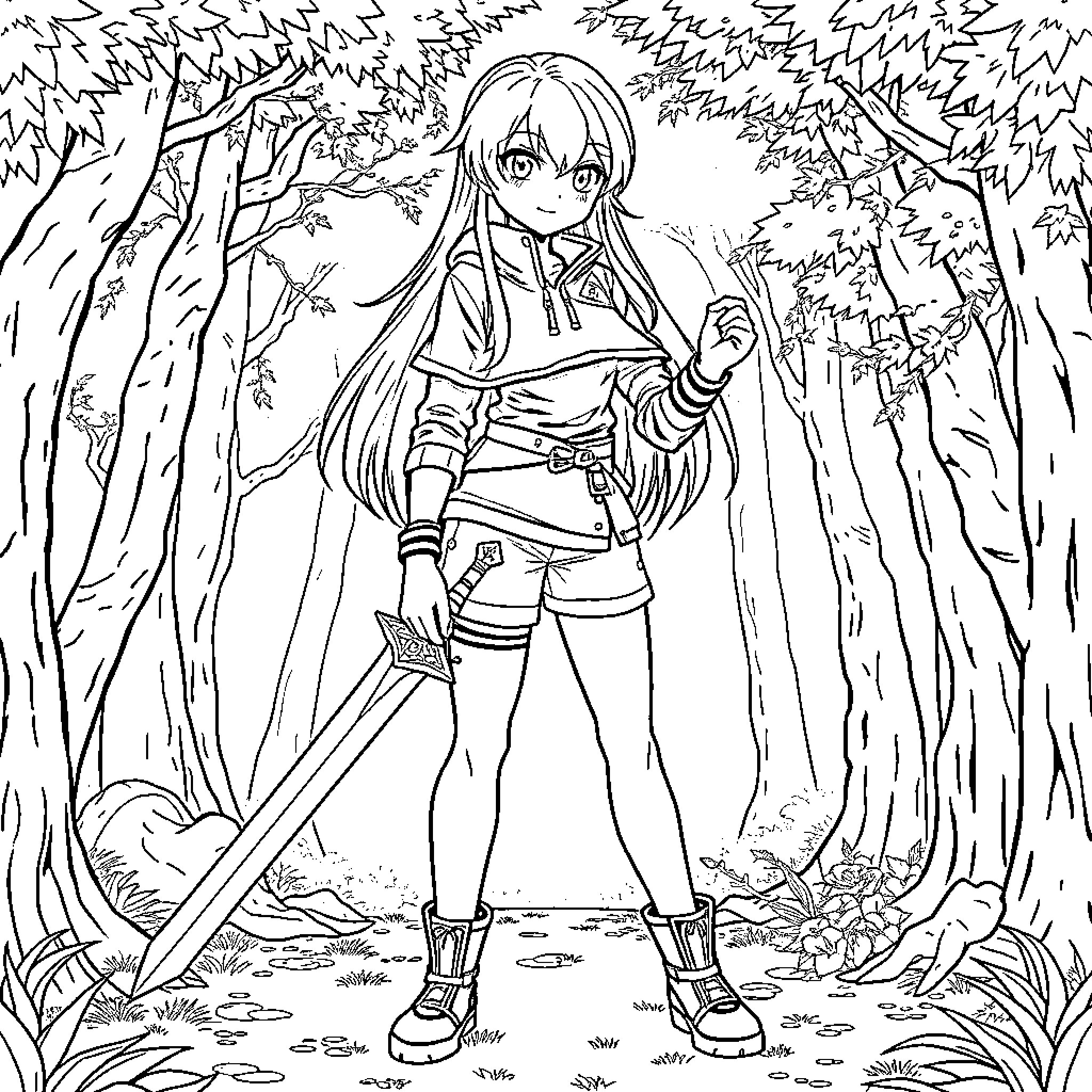 Anime Girl Adventuring in the Enchanted Forest Coloring Page (free black-and-white line drawing printable PDF for all, from beginners to advanced learners, including children, teens, adults, and seniors)