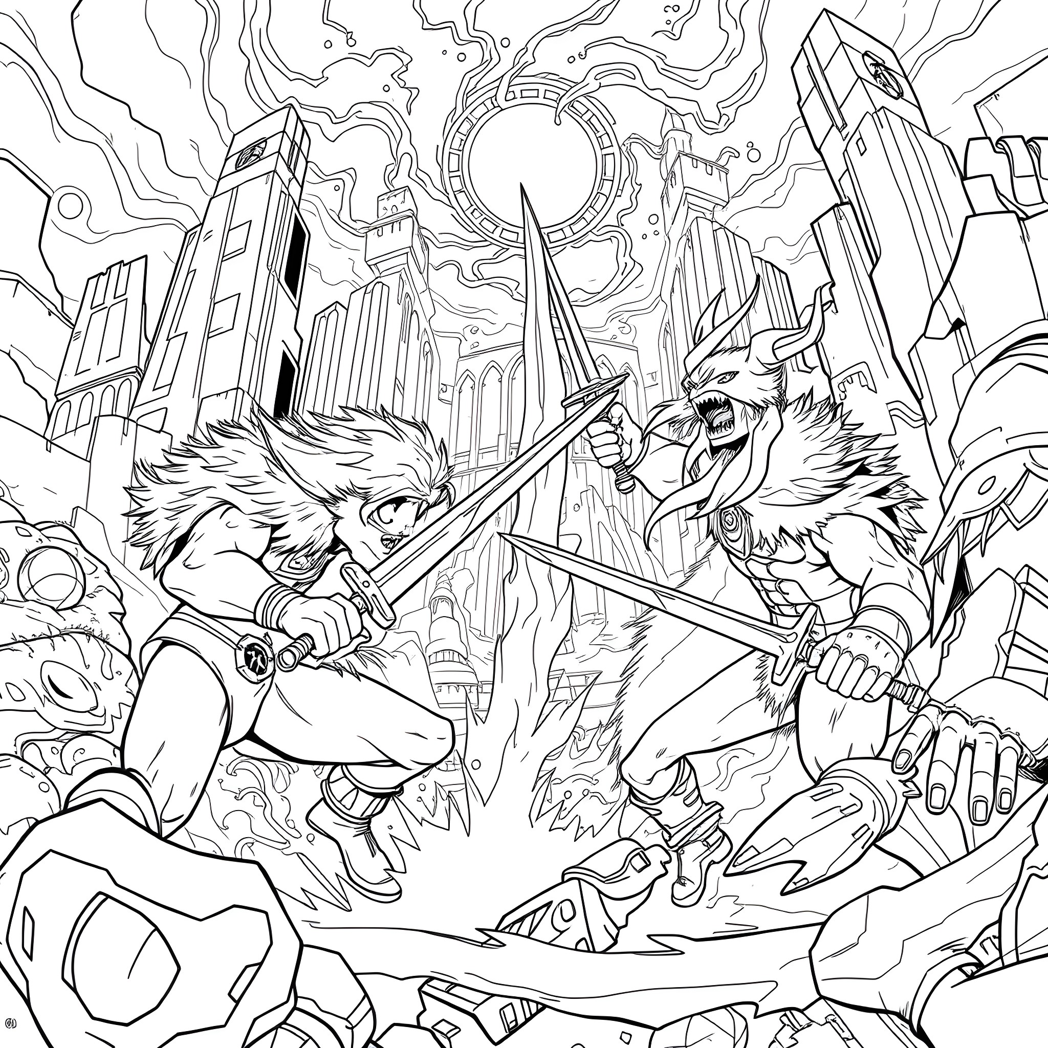 Thundercats Battling in a Futuristic City Coloring Page (free black-and-white line drawing printable PDF for all, from beginners to advanced learners, including children, teens, adults, and seniors)