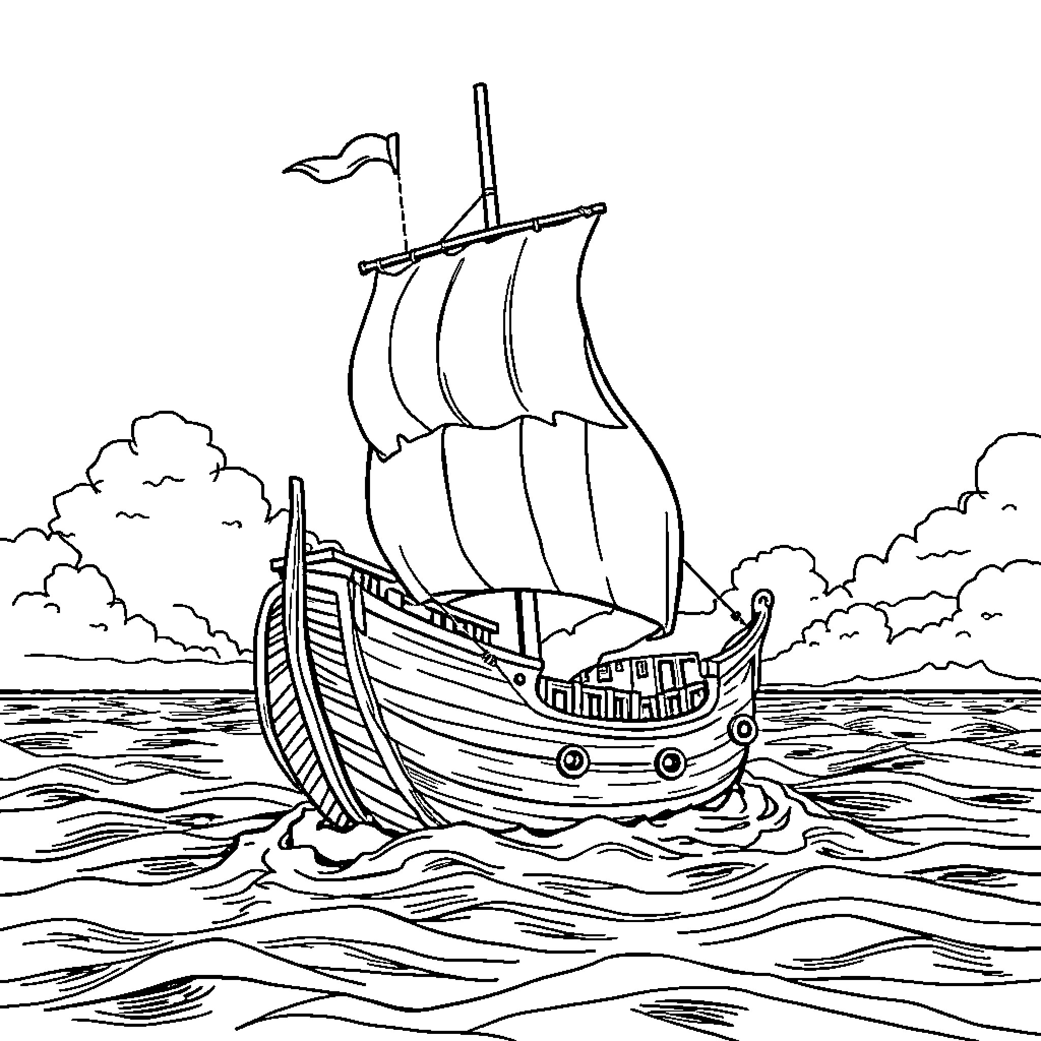 Pirate Boat Sailing Across the Seas Coloring Page (free black-and-white line drawing printable PDF for all, from beginners to advanced learners, including children, teens, adults, and seniors)