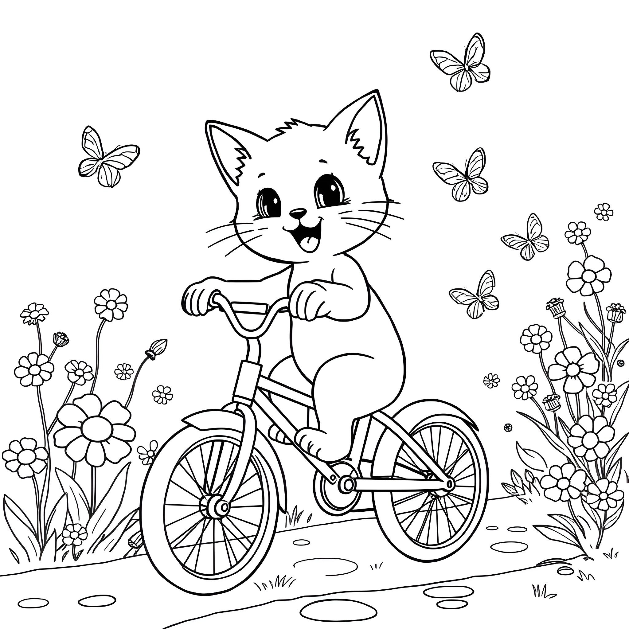 Kitty riding a bicycle in a floral garden Coloring Page (free black-and-white line drawing printable PDF for all, from beginners to advanced learners, including children, teens, adults, and seniors)