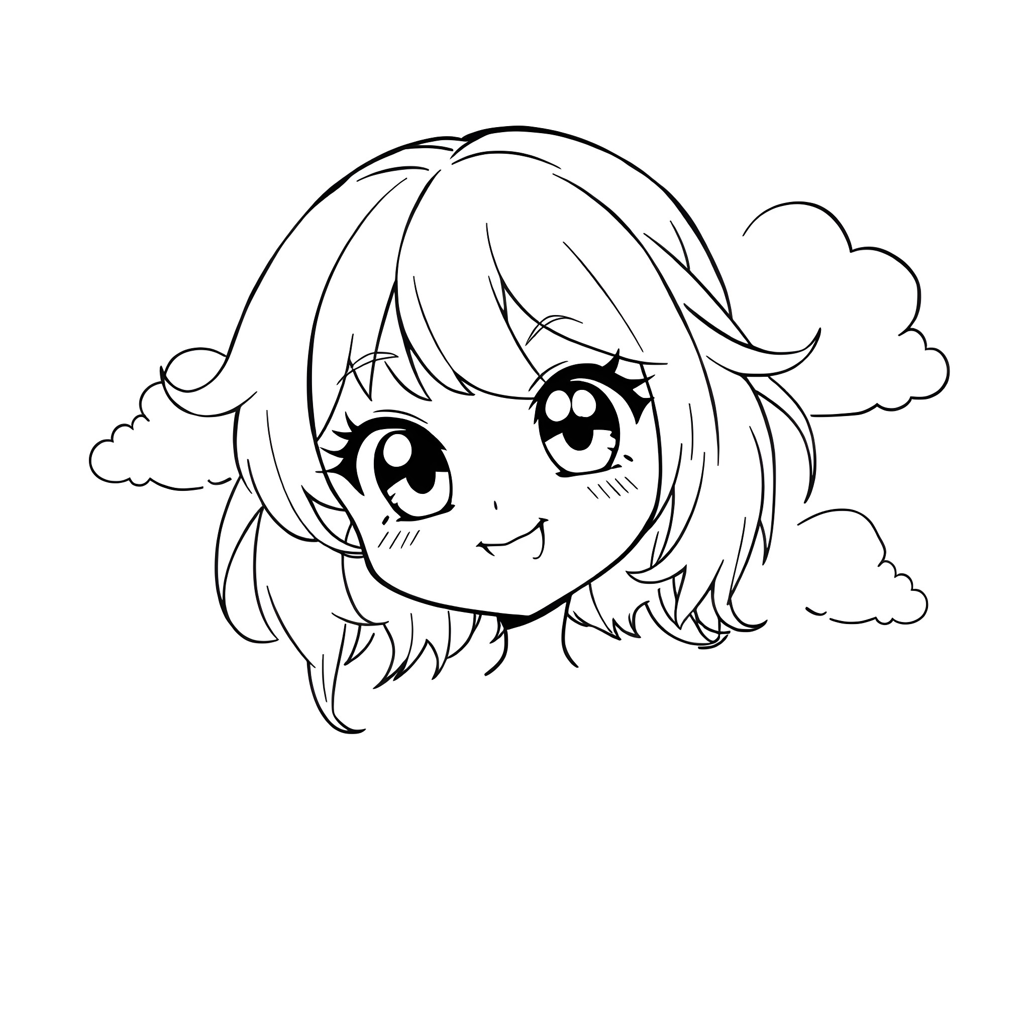 Girl with Joyful Expression in Clouds Coloring Page (free black-and-white line drawing printable PDF for all, from beginners to advanced learners, including children, teens, adults, and seniors)