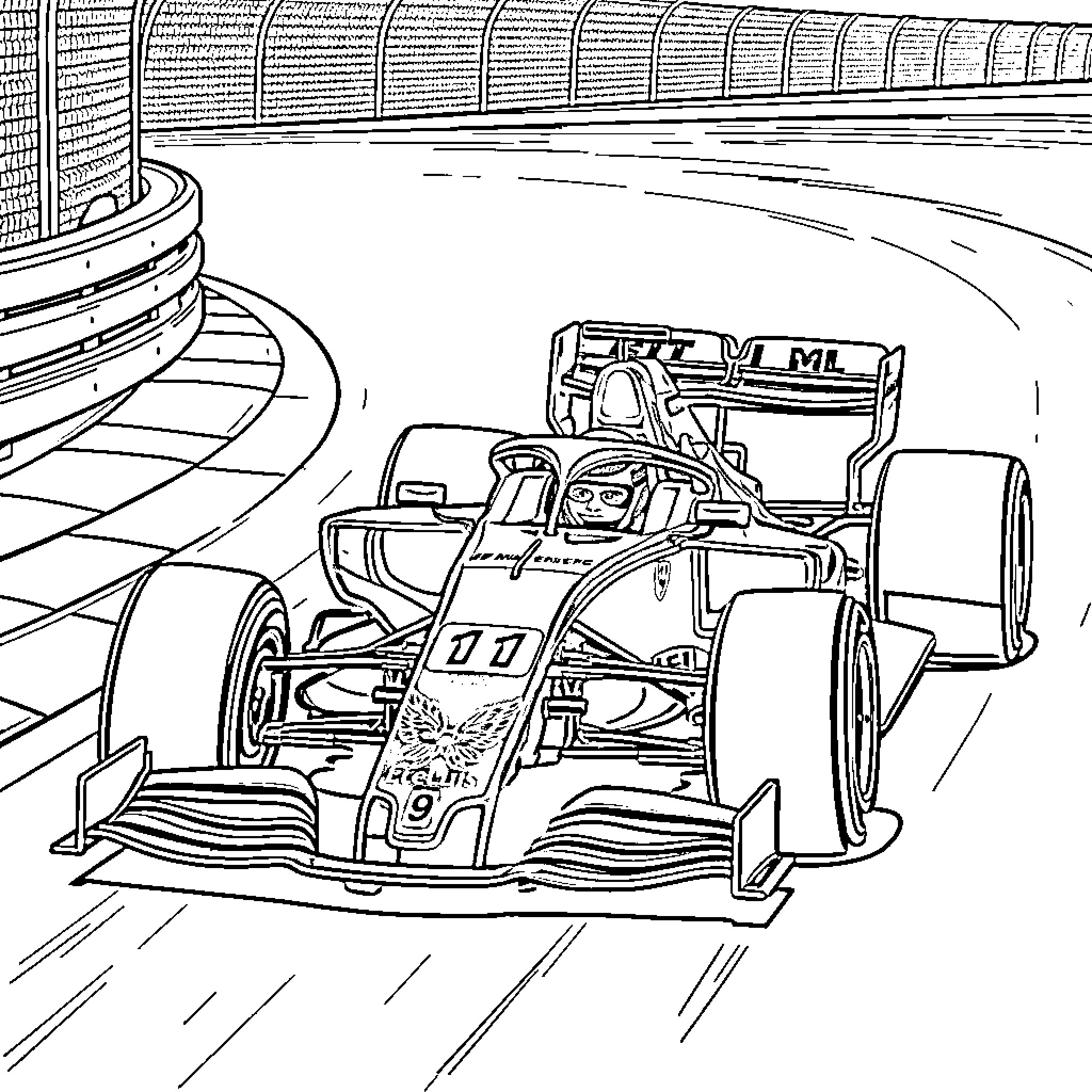 F1 Car speeding on race track Coloring Page (free black-and-white line drawing printable PDF for all, from beginners to advanced learners, including children, teens, adults, and seniors)