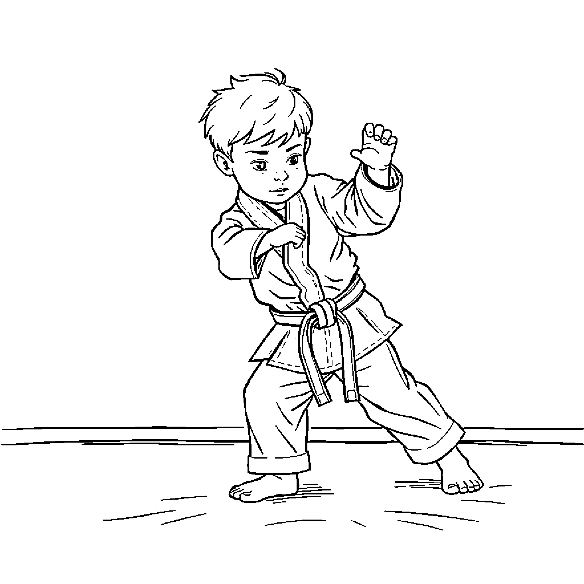 Child practicing martial arts poses Coloring Page (free black-and-white line drawing printable PDF for all, from beginners to advanced learners, including children, teens, adults, and seniors)