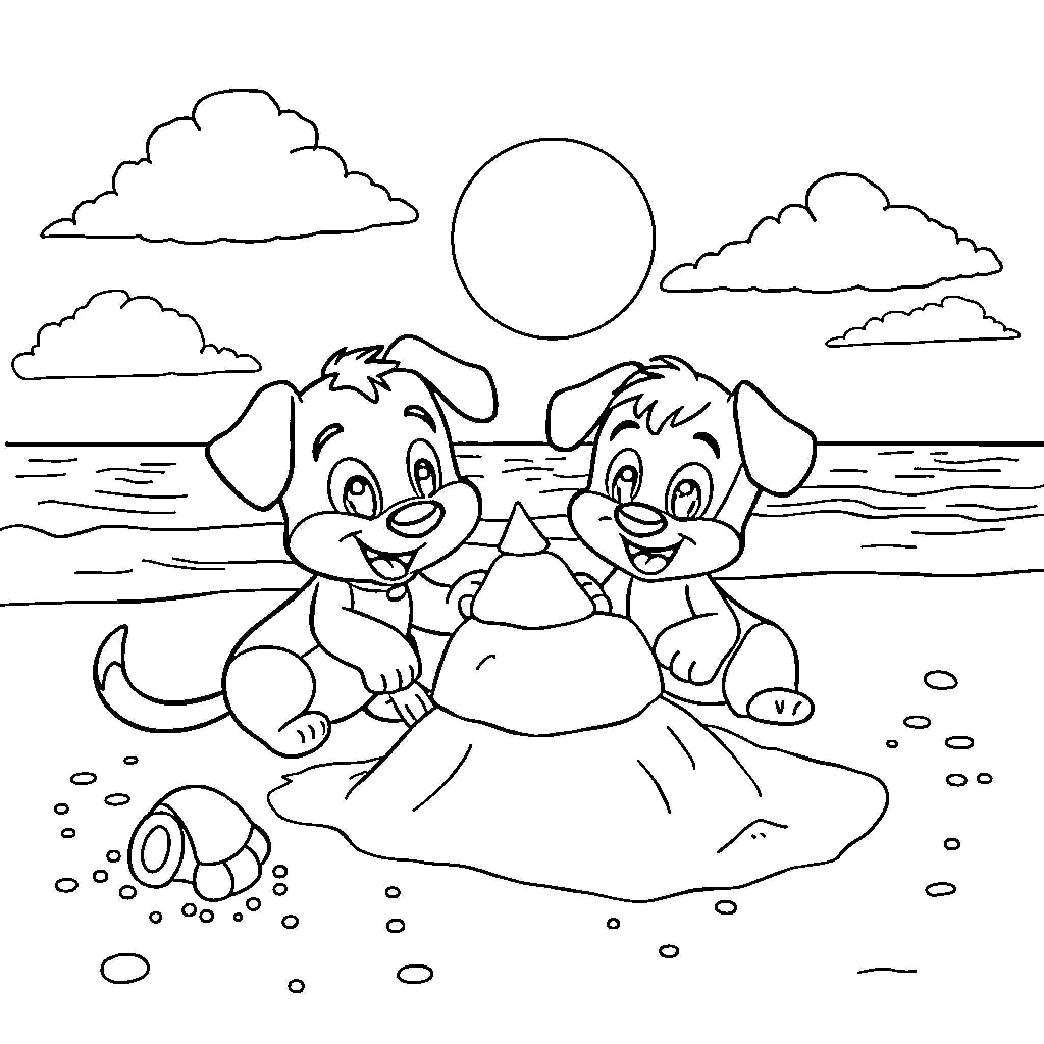 Bluey's beach adventure with new friend Coloring Page (free black-and-white line drawing printable PDF for all, from beginners to advanced learners, including children, teens, adults, and seniors)