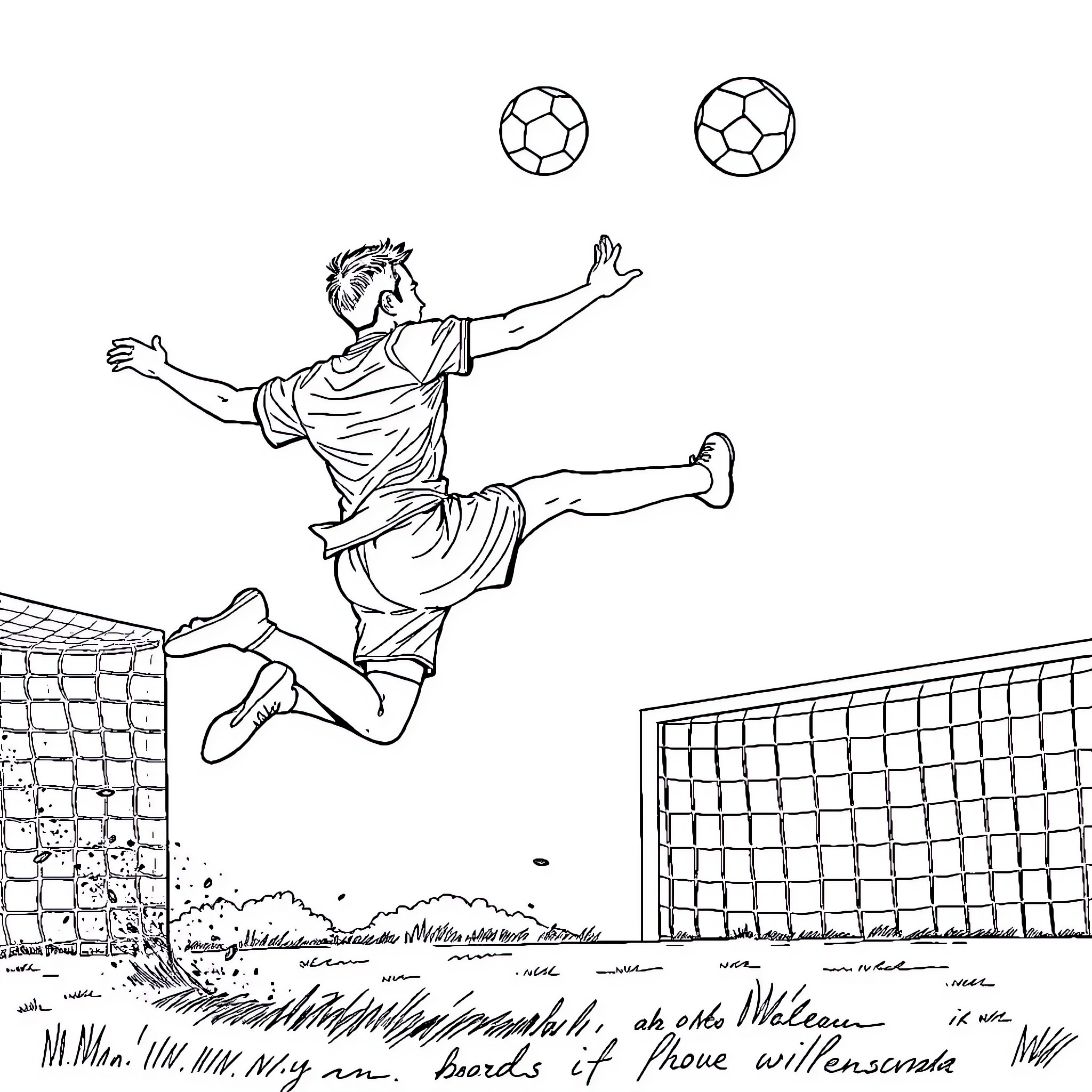 Soccer player mid-action with ball in front of goal Coloring Page (free black-and-white line drawing printable PDF for all, from beginners to advanced learners, including children, teens, adults, and seniors)